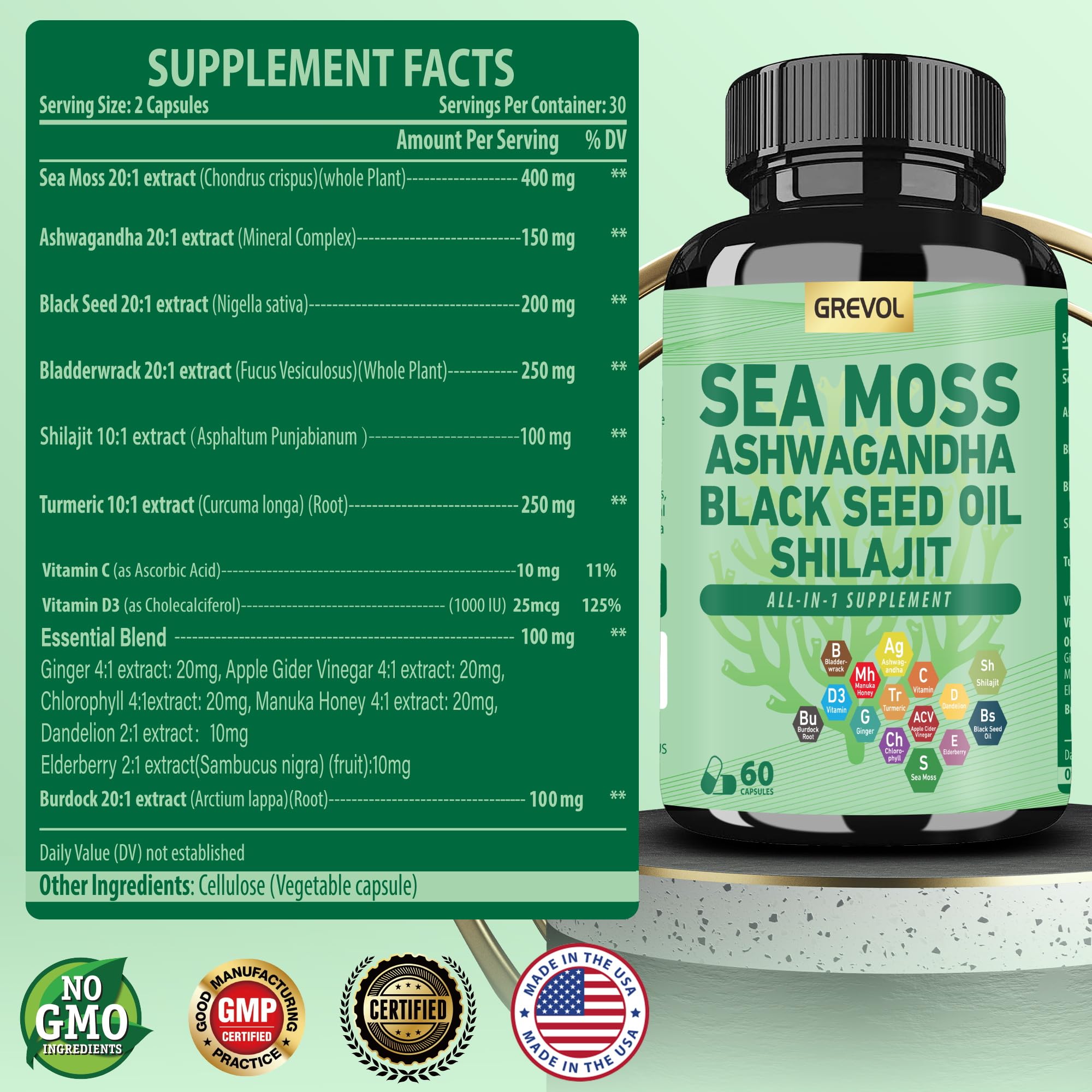 Grevol Sea Moss Capsules displayed with fresh herbs