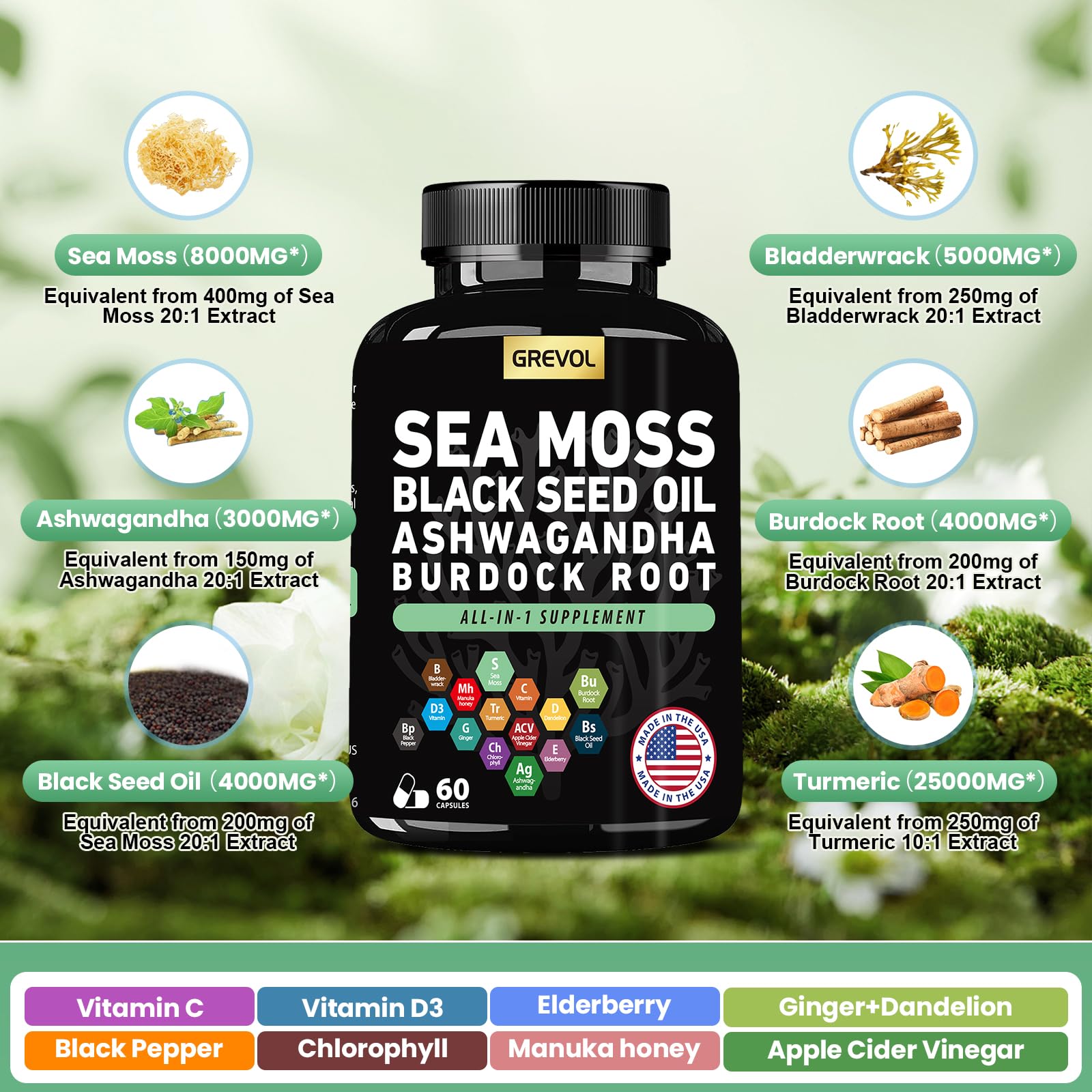 Grevol Sea Moss Capsules opened bottle with capsules visible