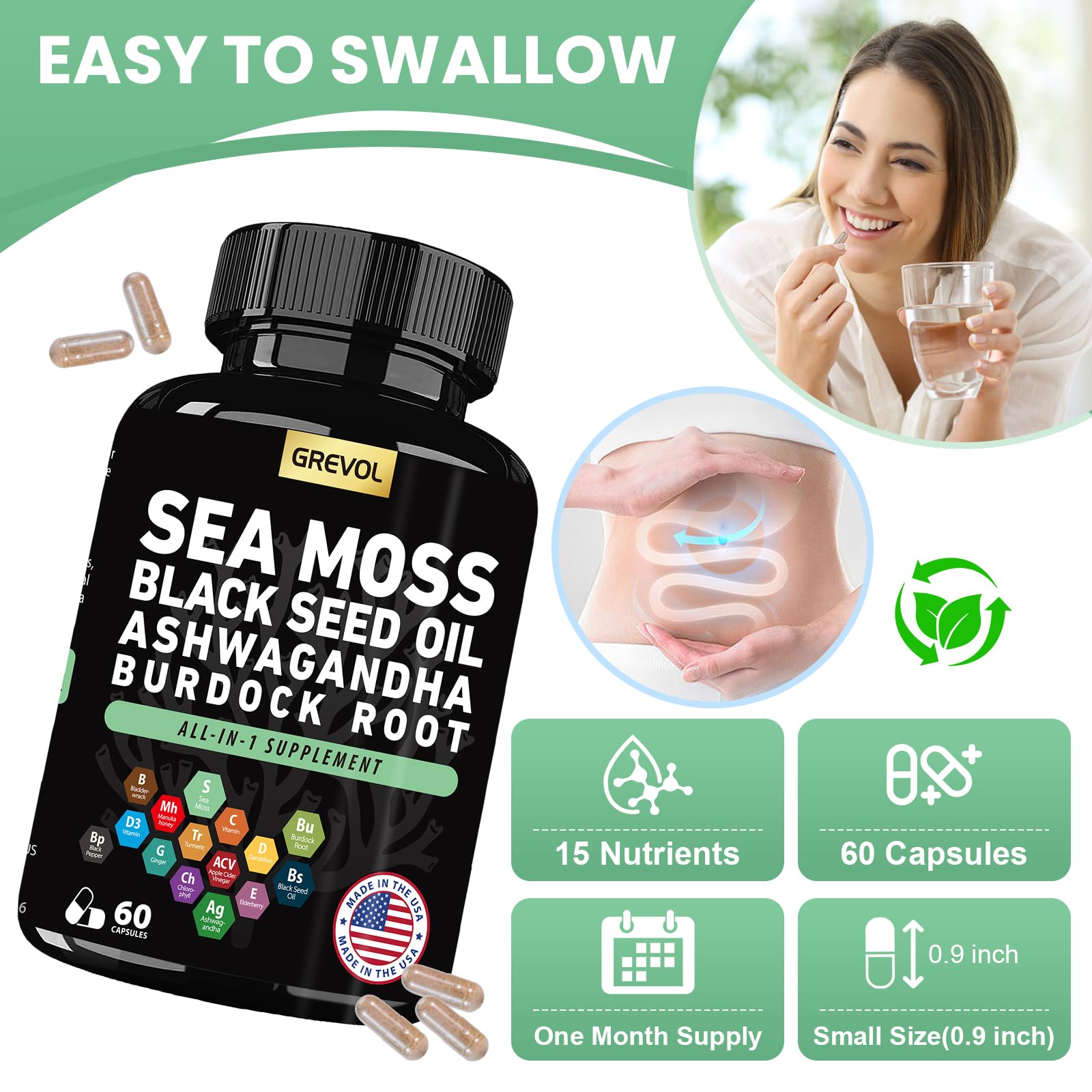 Grevol Sea Moss Capsules packaging with ingredients listed