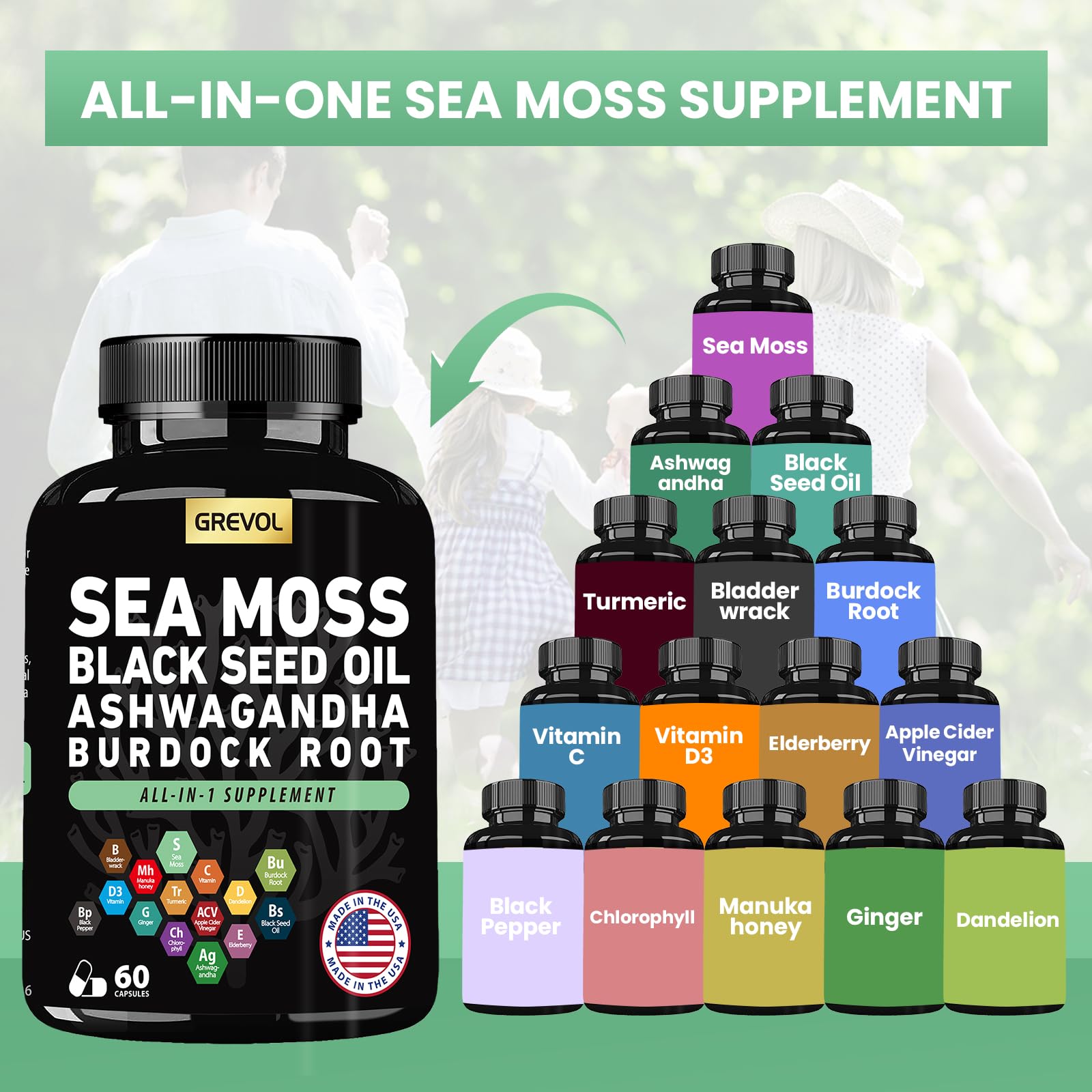 Grevol Sea Moss Capsules side view showing label