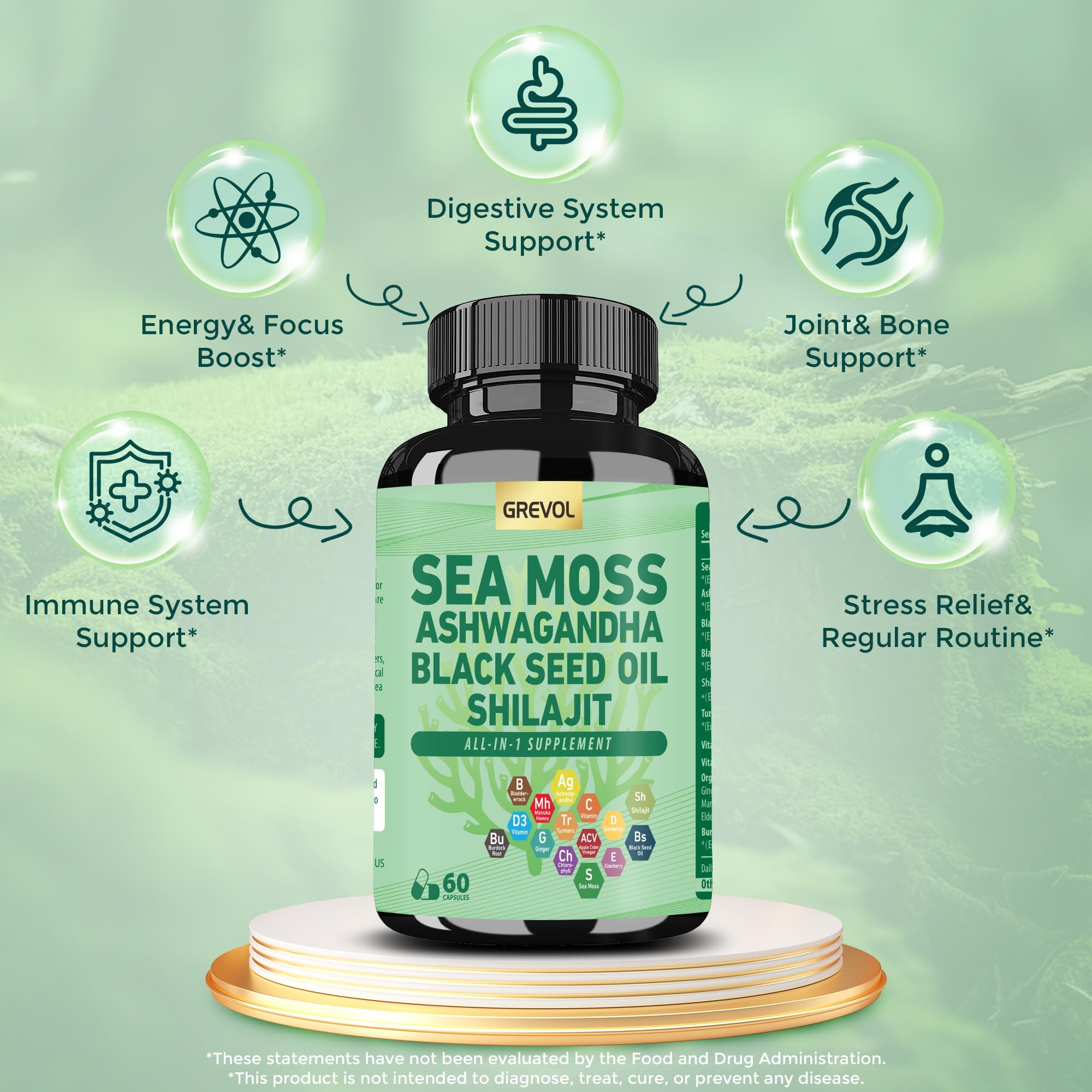Grevol Sea Moss Capsules with ingredients list