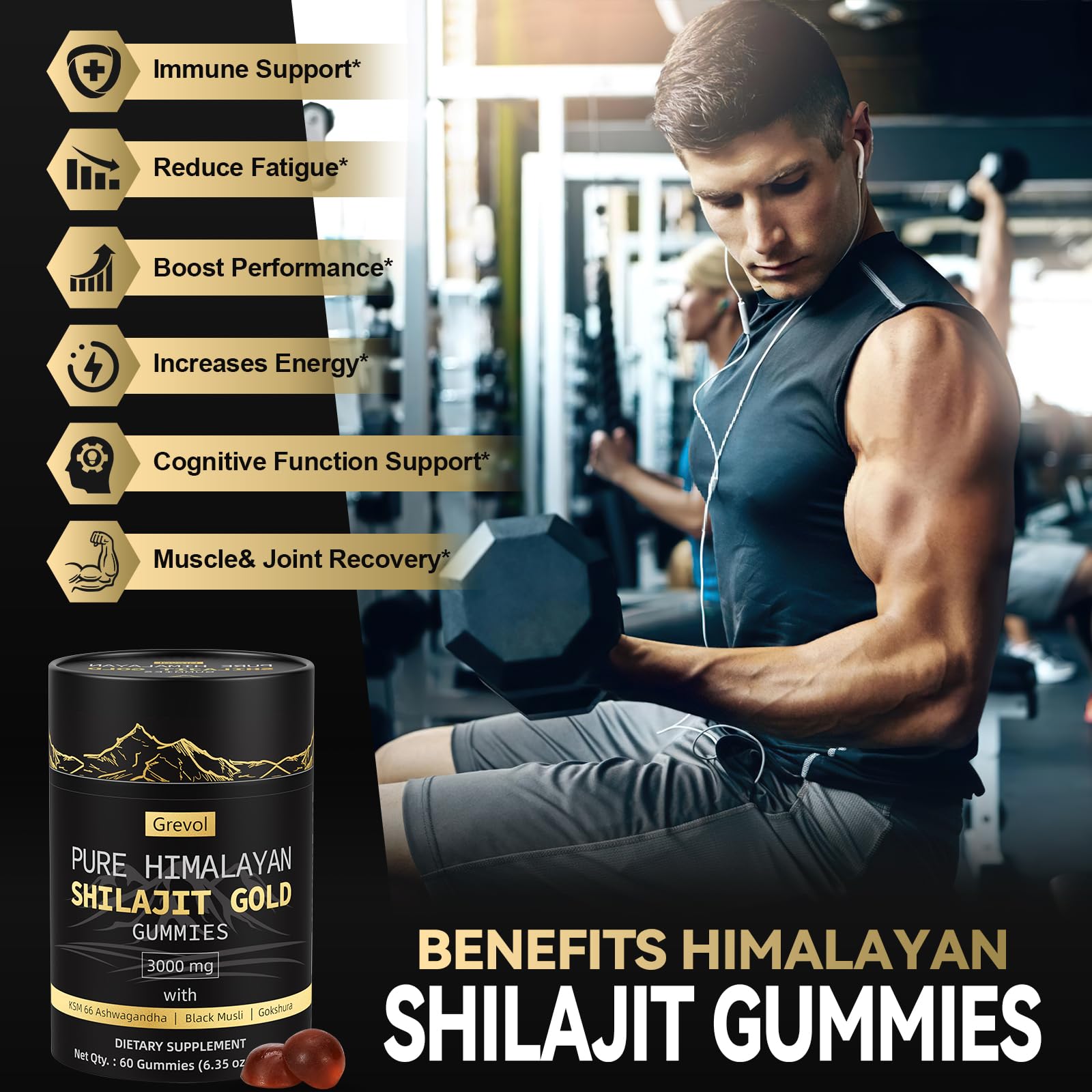 Grevol Shilajit Gummies with Himalayan backdrop