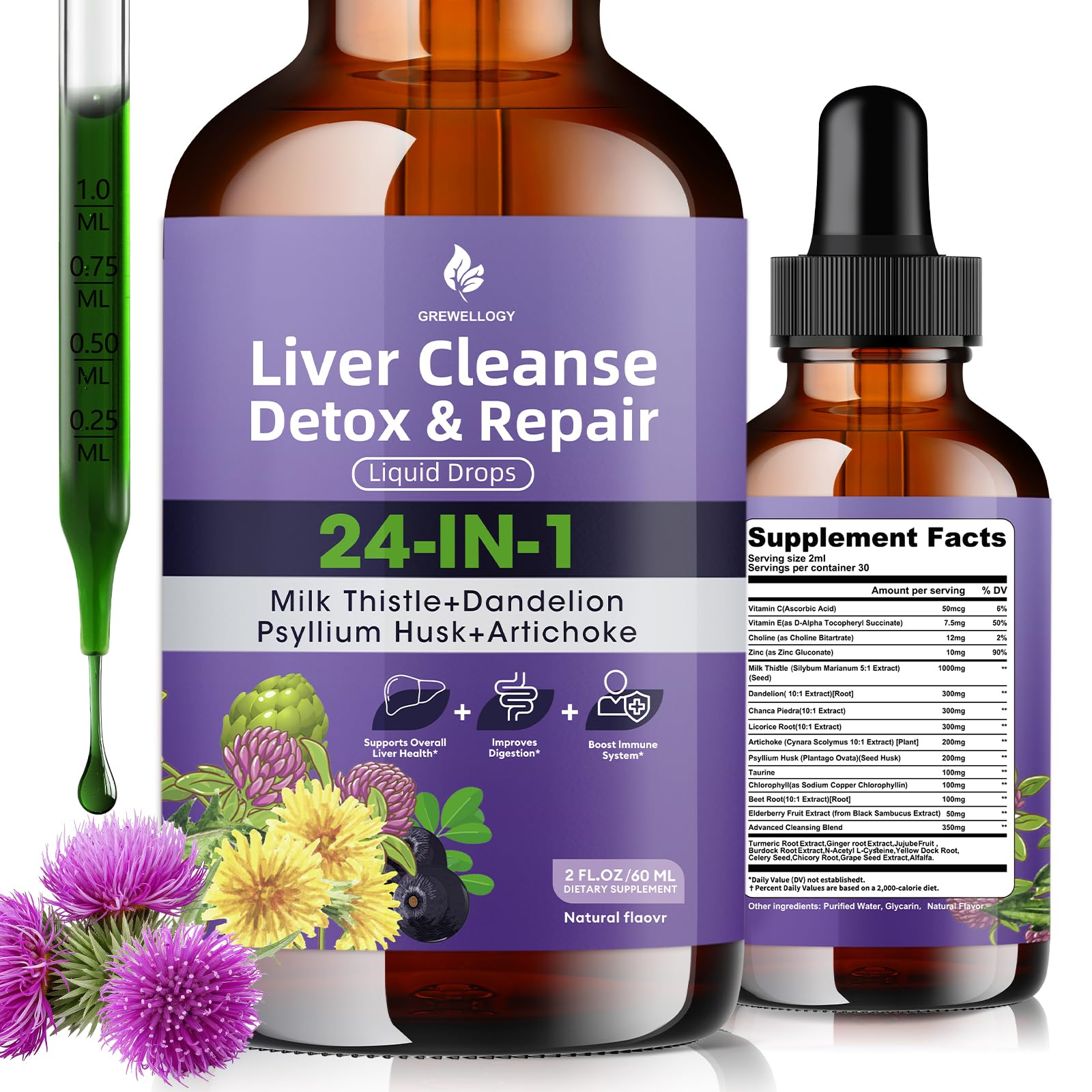 Grewellogy Milk Thistle Liquid Drops 60ml front view