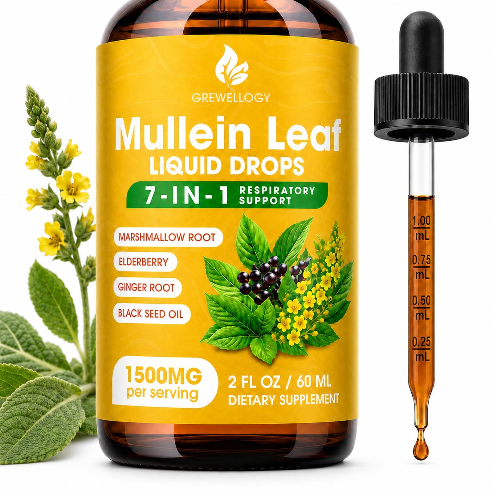Grewellogy Mullein Drops 1500mg front view bottle