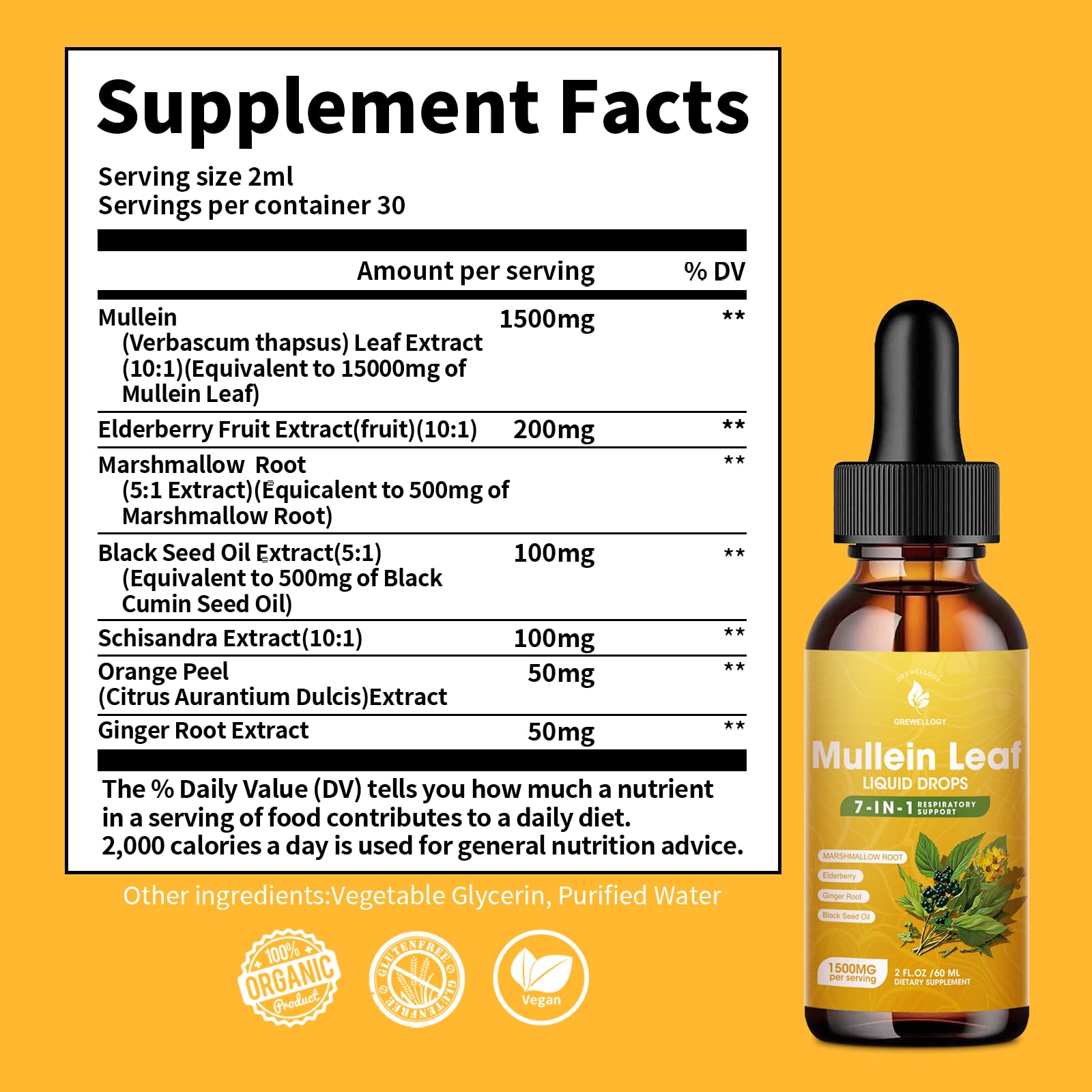 Grewellogy Mullein Drops ingredients list on packaging