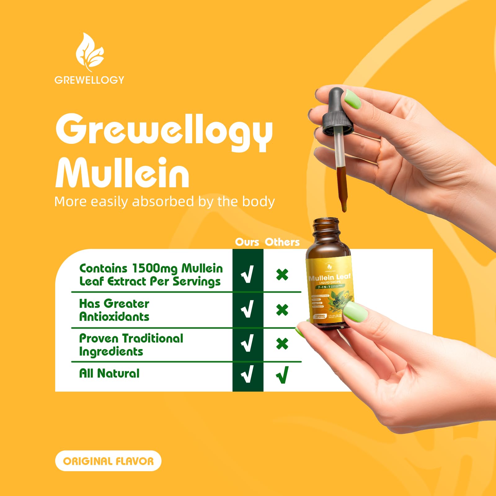 Grewellogy Mullein Drops packaging with health benefits highlighted
