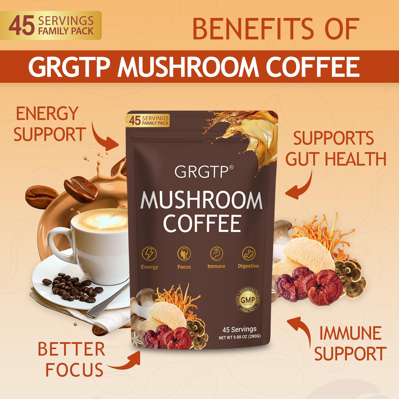 GRGTP Adaptogenic Mushroom Coffee Blend mixed with hot water