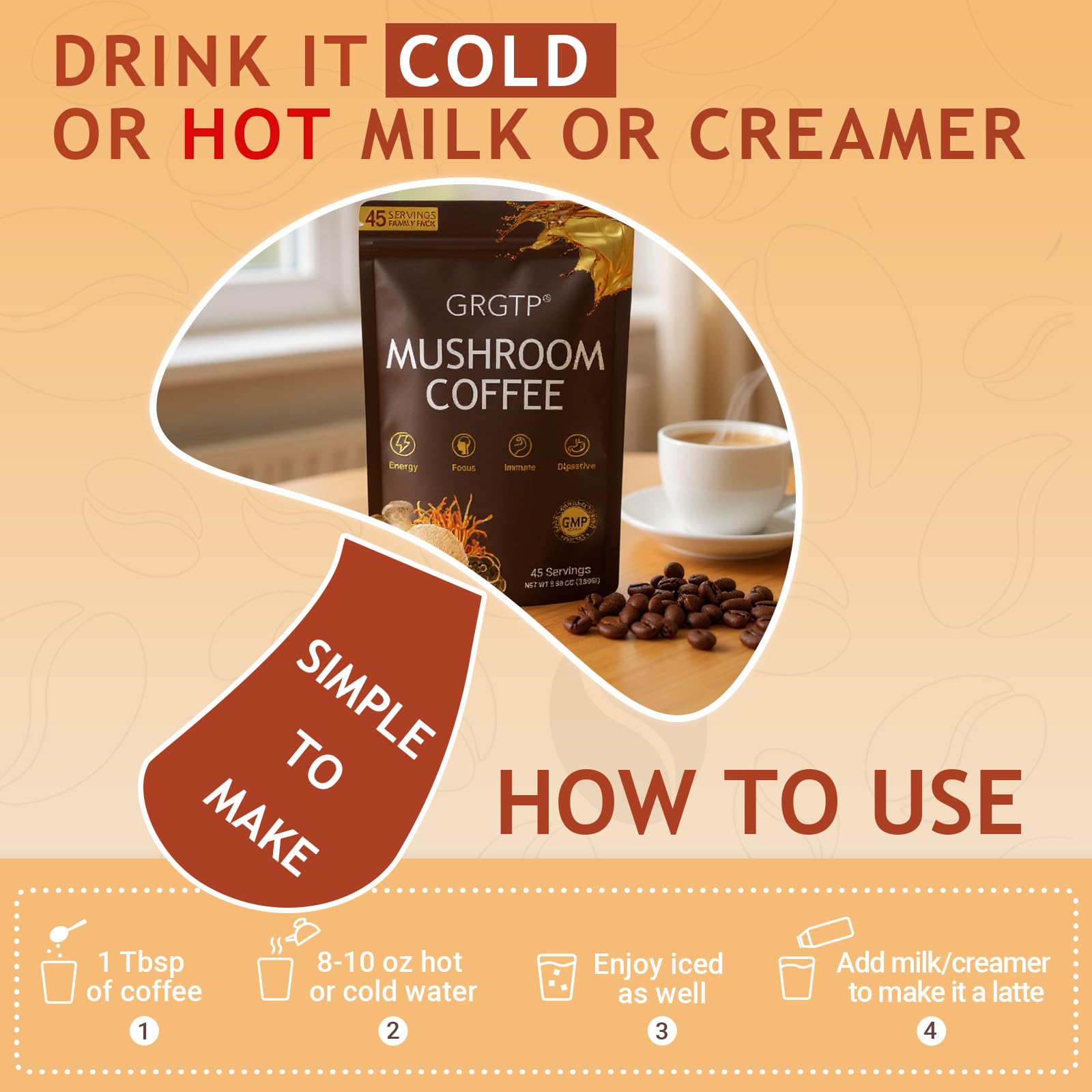 GRGTP Adaptogenic Mushroom Coffee Blend on a kitchen counter
