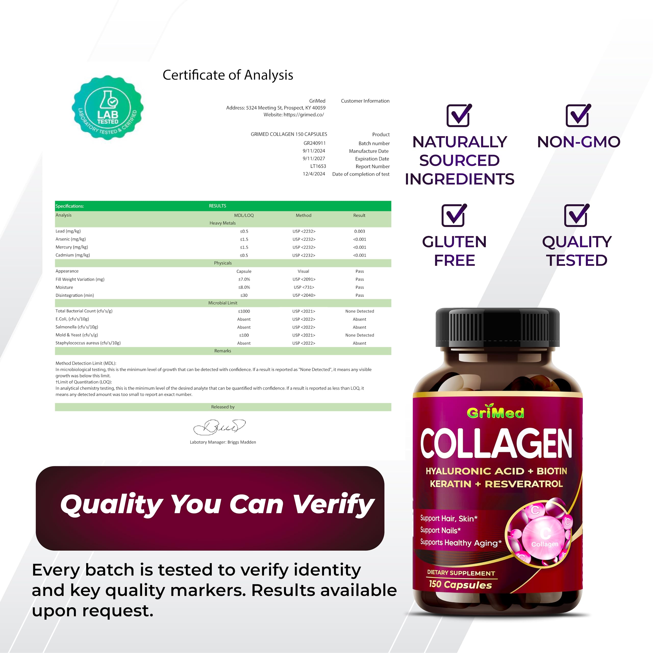 GriMed Collagen Peptides Complex bottle with natural background