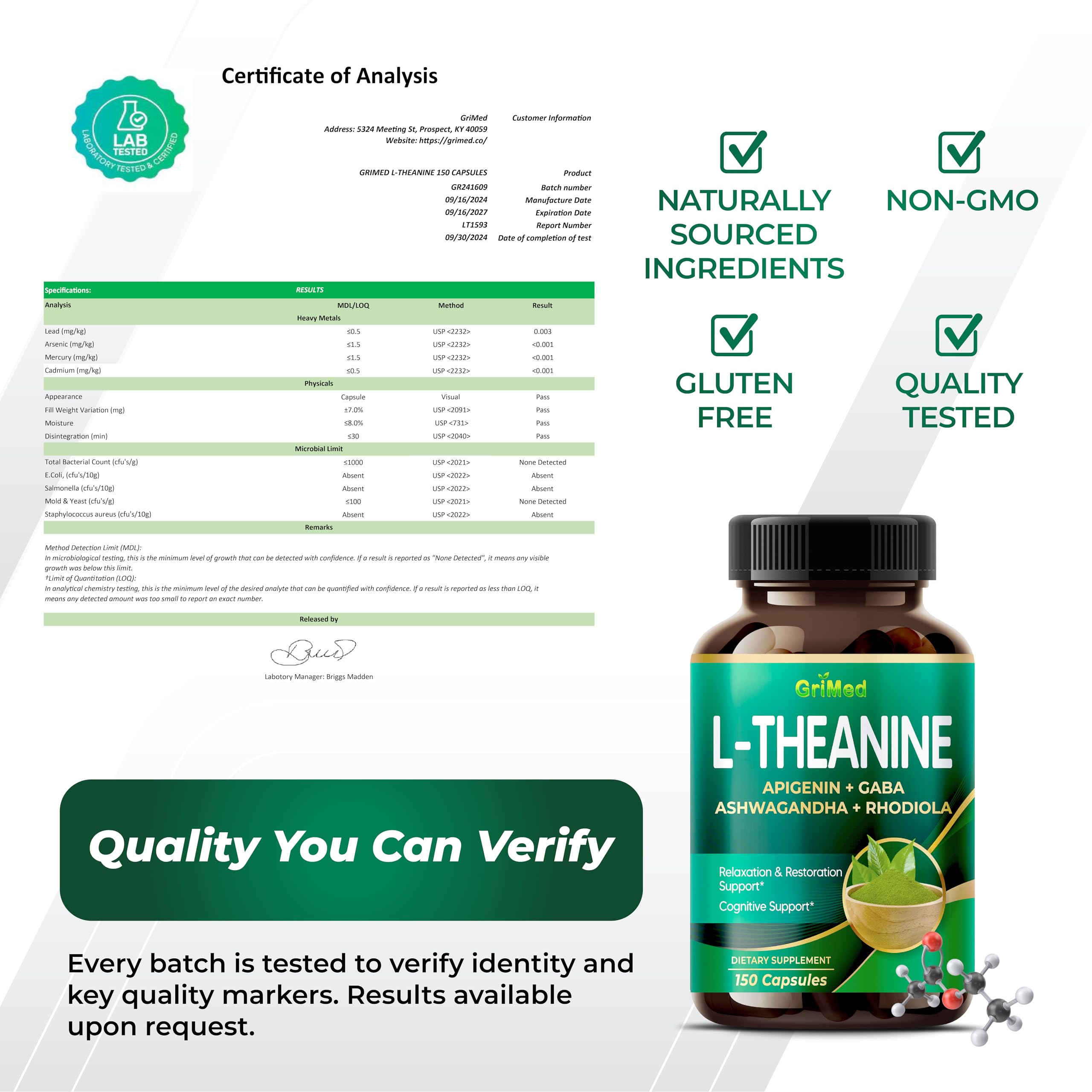GriMed L-Theanine 1485 mg capsules with a glass of water