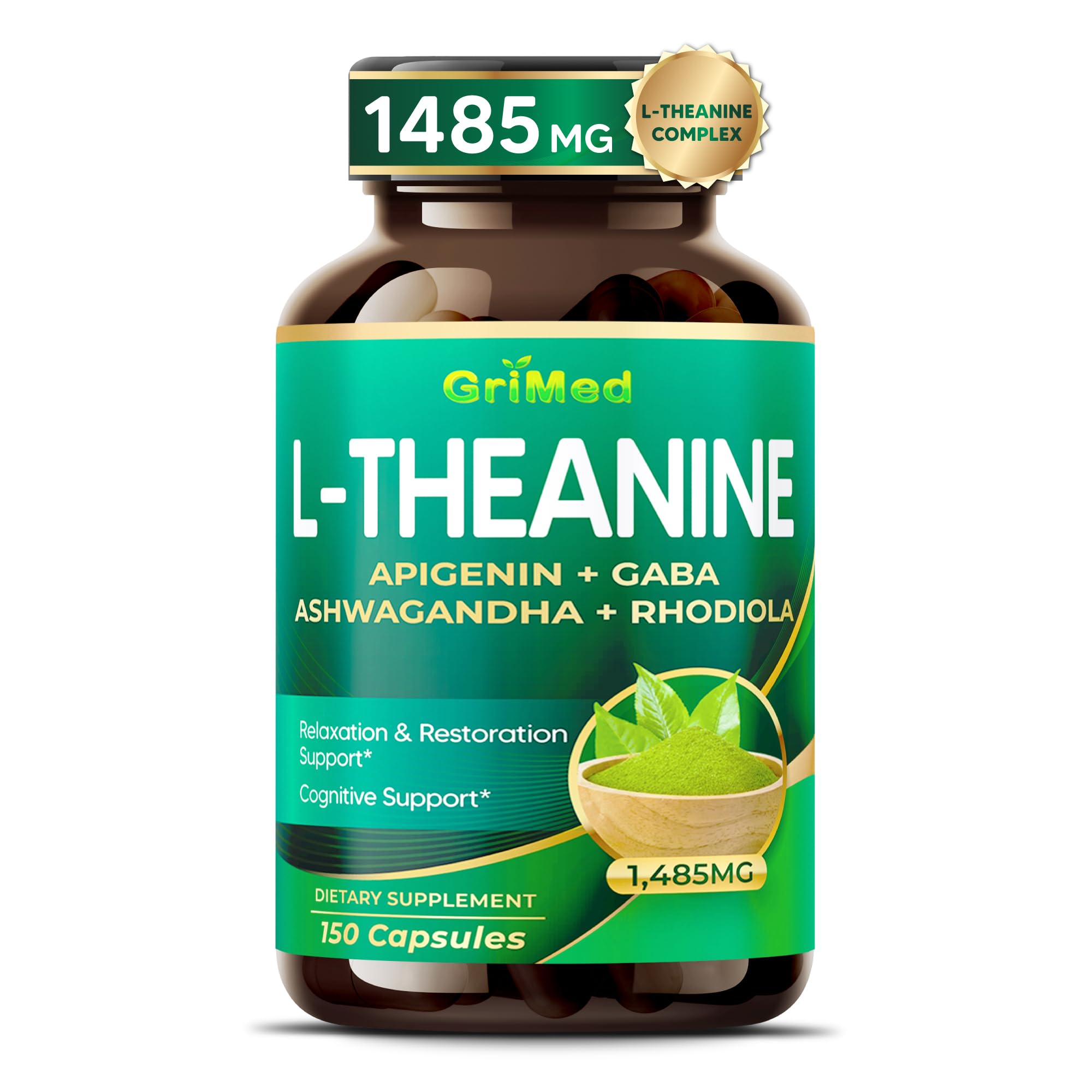 GriMed L-Theanine 1485 mg supplement bottle front view
