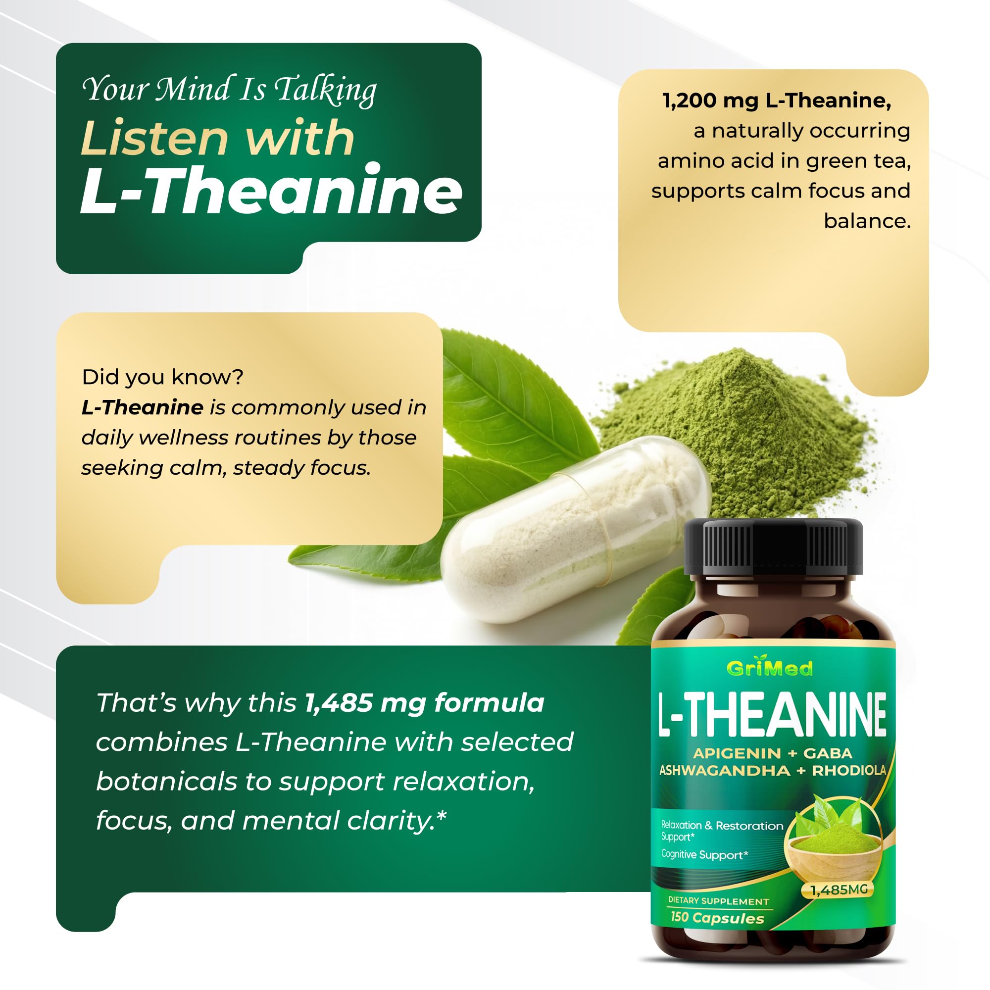GriMed L-Theanine 1485 mg supplement bottle side view