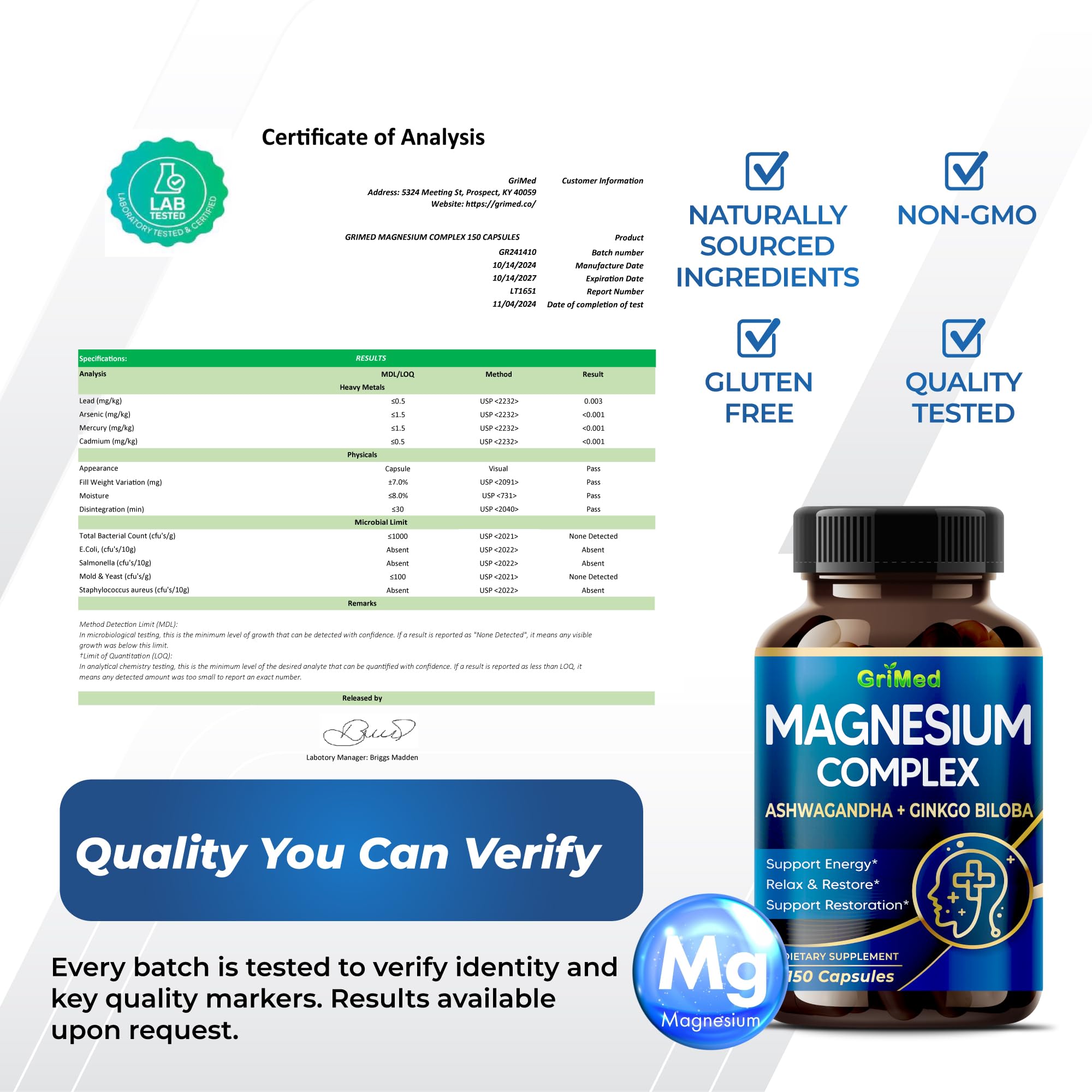 GriMed Magnesium Complex Capsules 150 count pack on a table