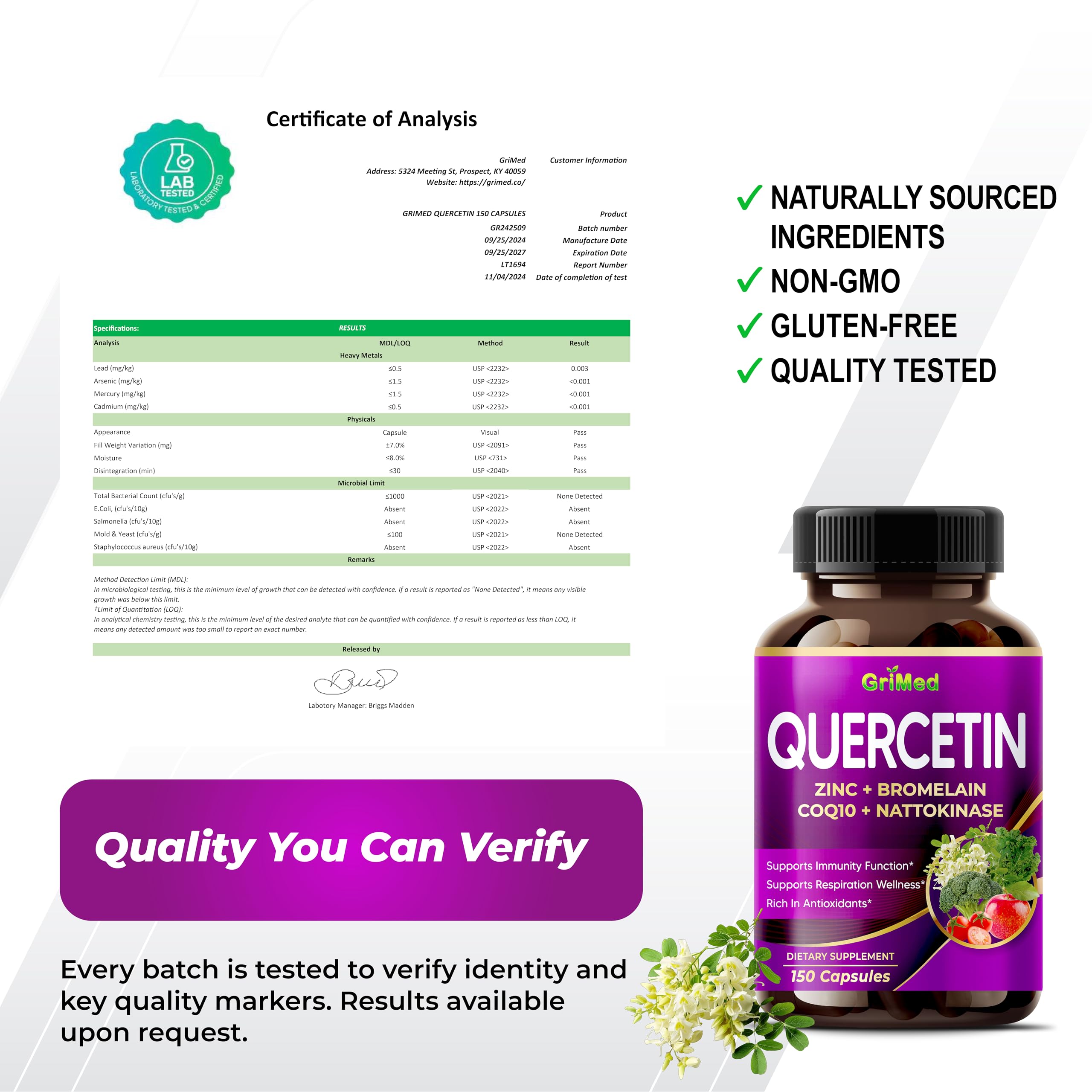 GriMed Quercetin capsule size comparison with a coin