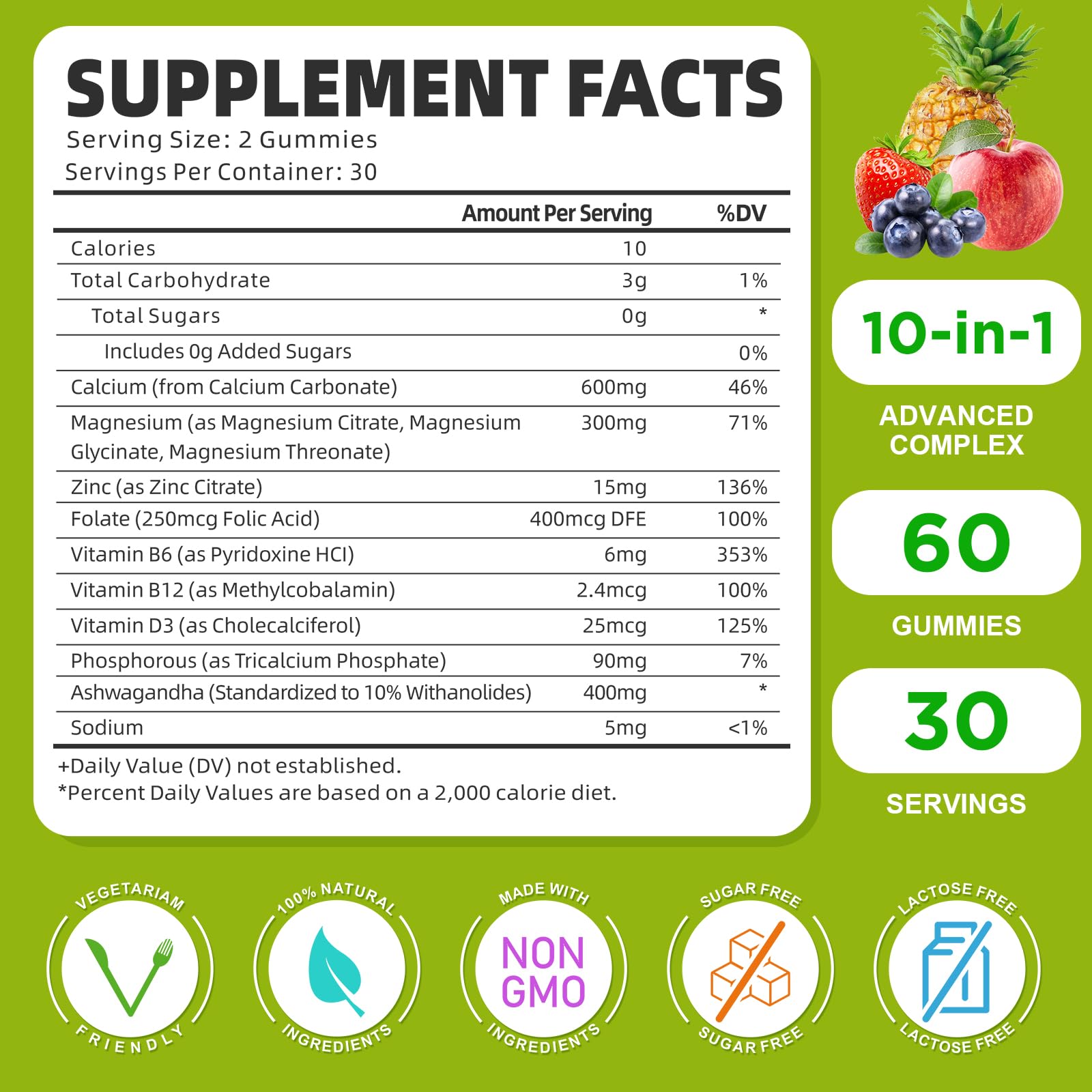 GrnLife Calcium Magnesium Zinc Gummies back view with nutritional information