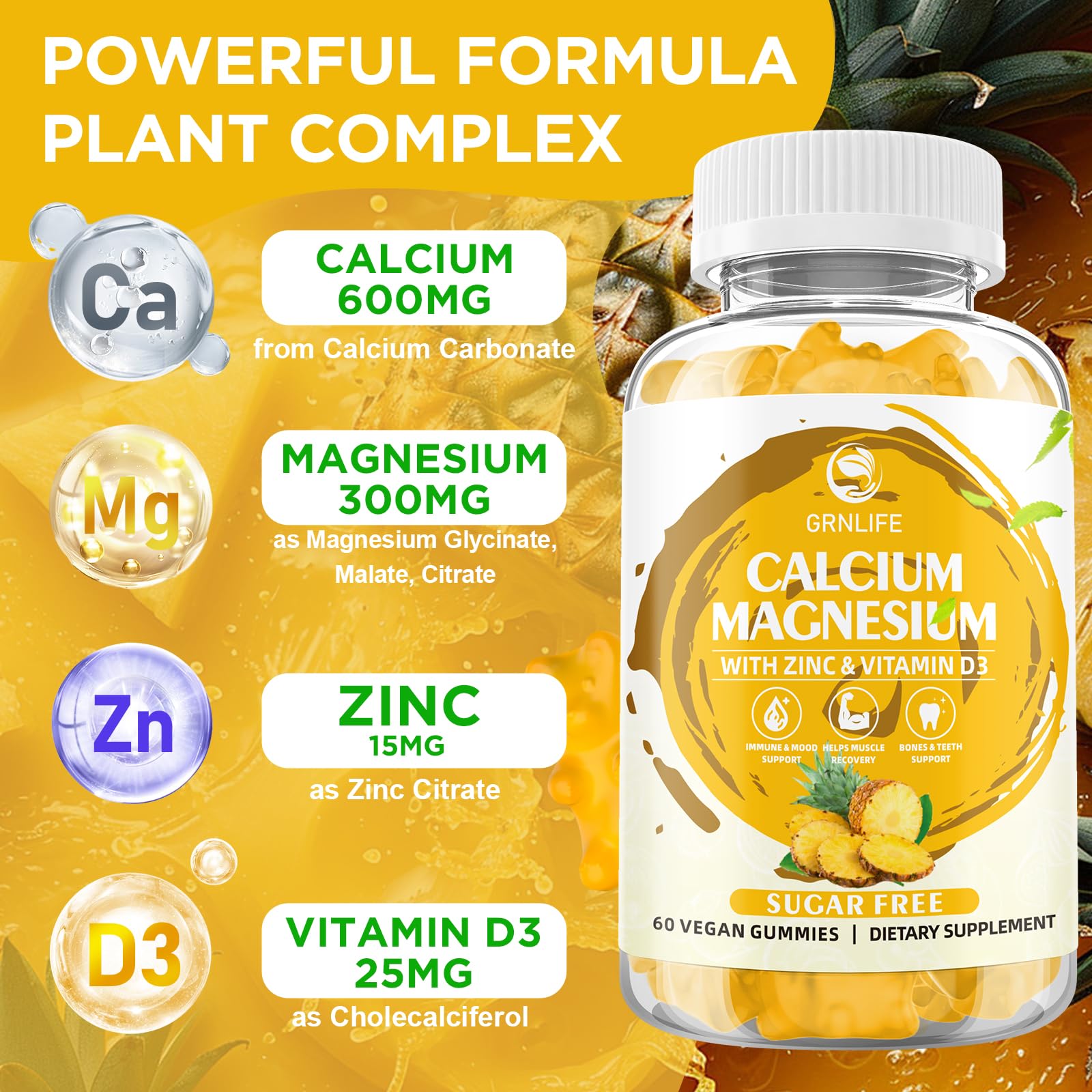 GrnLife Calcium Magnesium Zinc Gummies side view showing ingredients