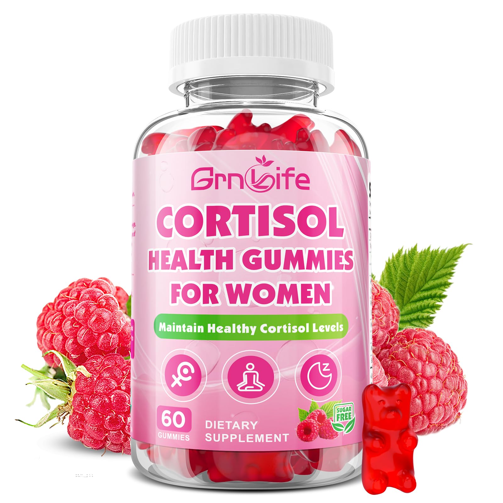 GrnLife Cortisol Gummies for Women 60 Count Raspberry Flavor front view