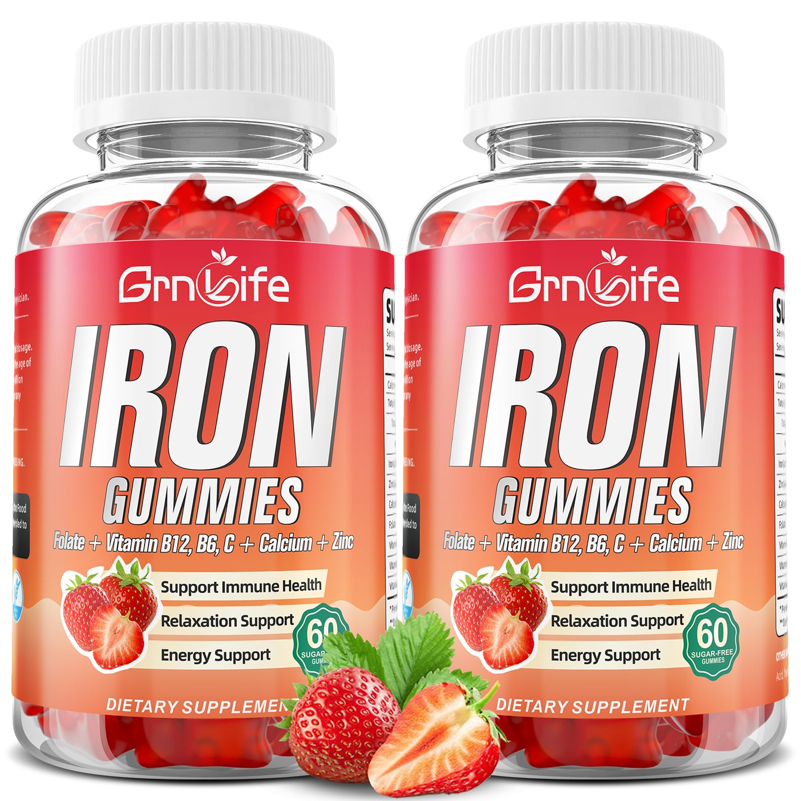 GrnLife Iron Gummies 60 count front view with strawberry flavour
