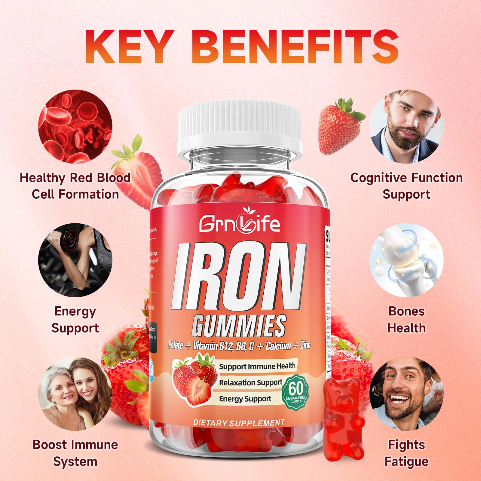 GrnLife Iron Gummies displayed on a wooden table