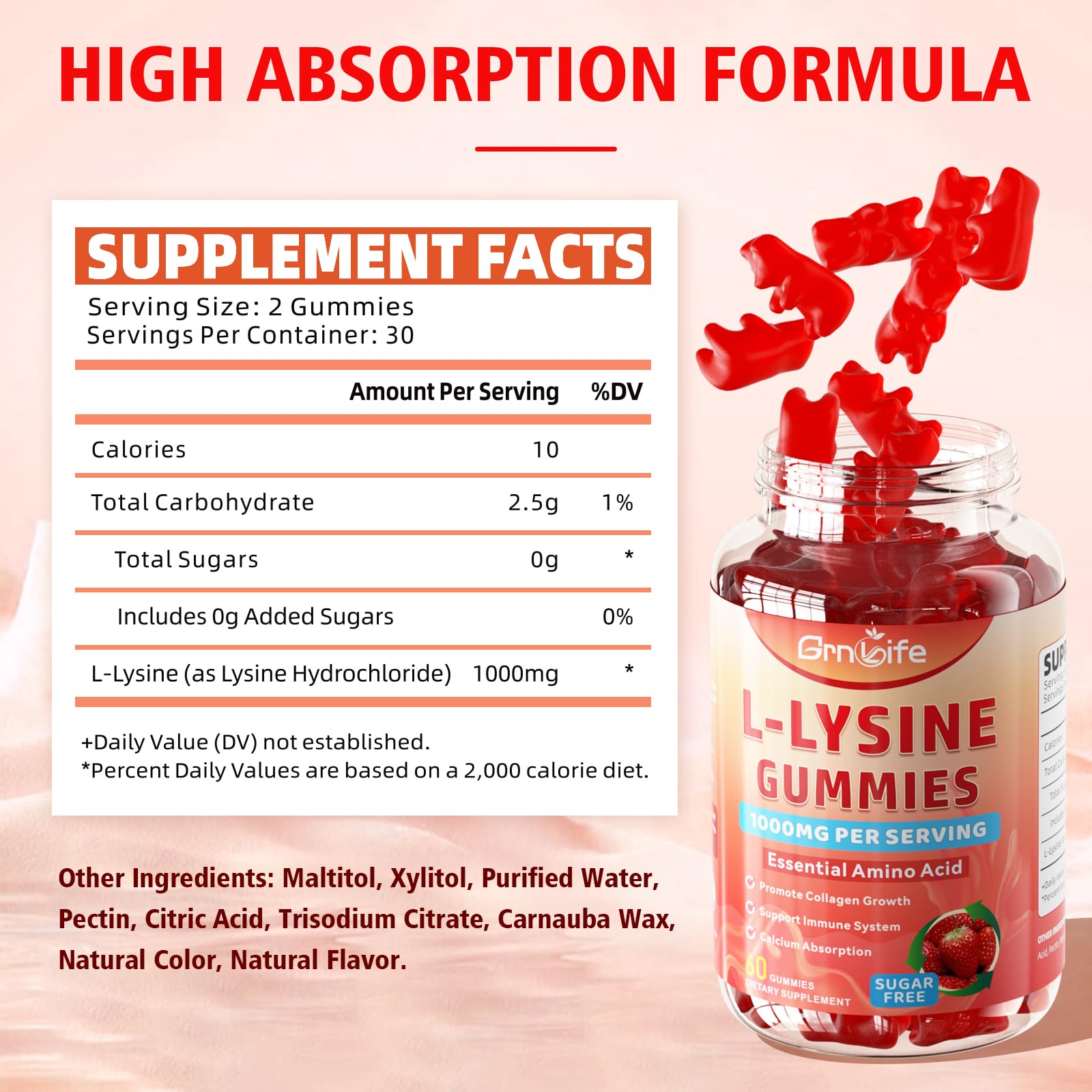 GrnLife L-Lysine Gummies 1000mg side view of bottle