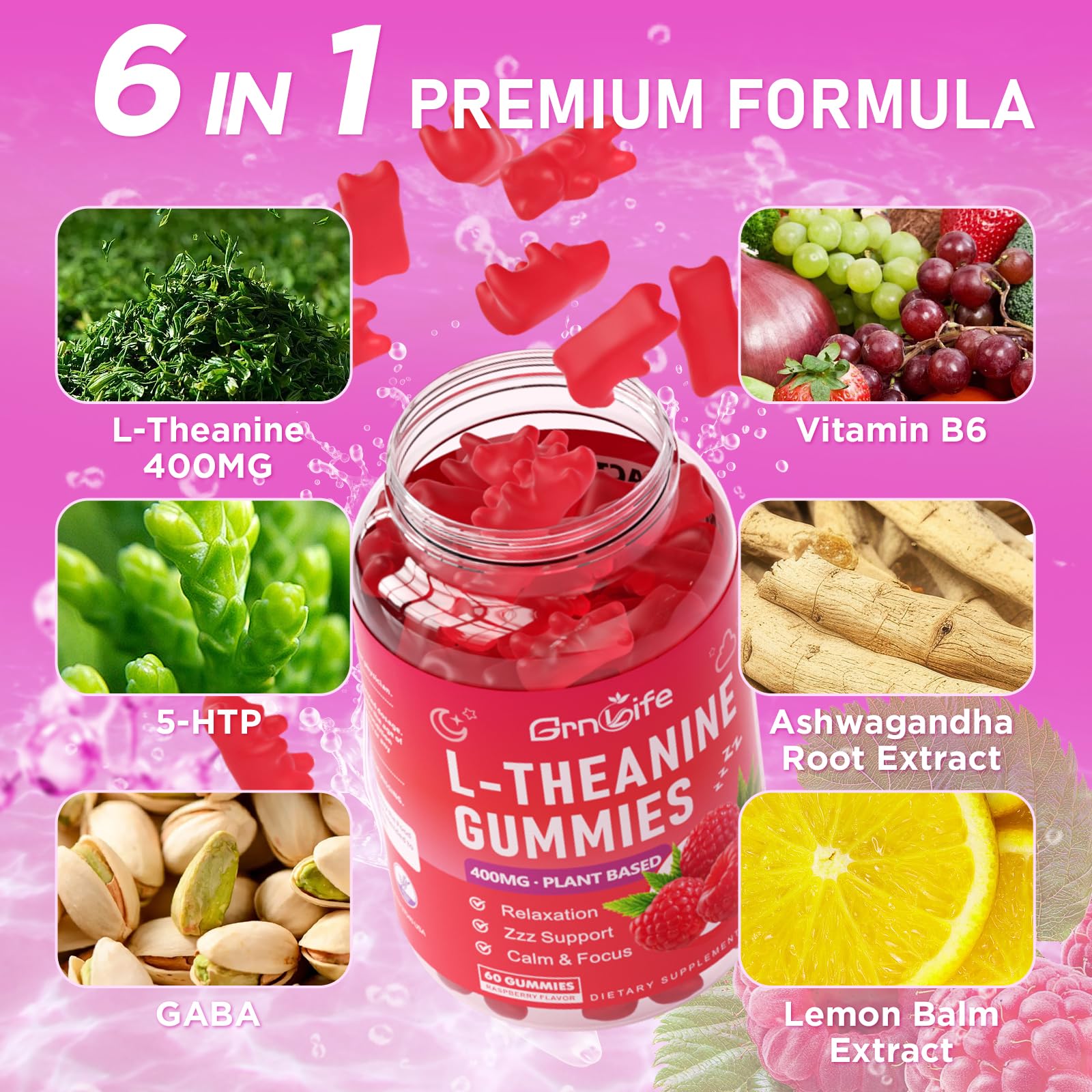 GrnLife L-Theanine Gummies 400mg bottle with lid open