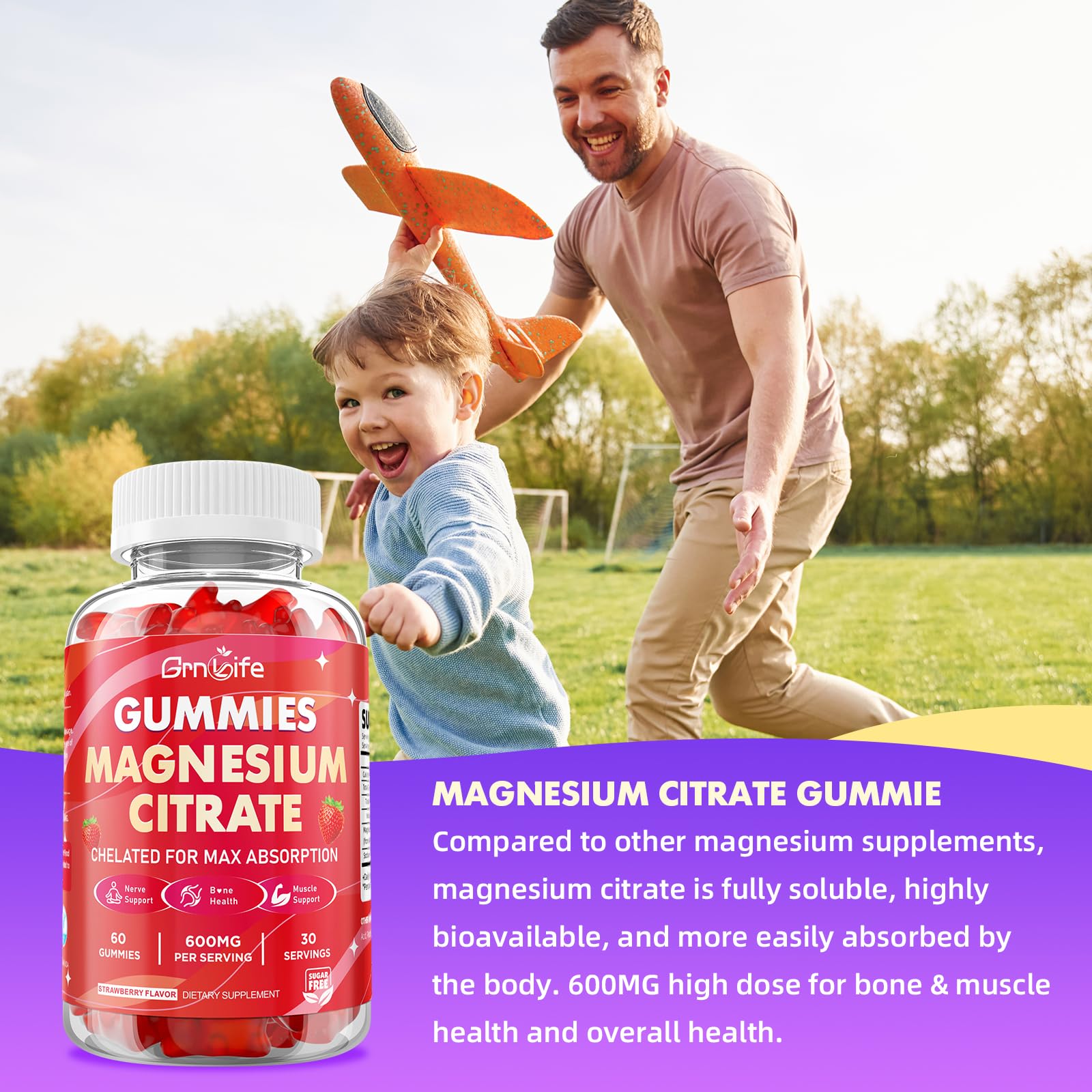 GrnLife Magnesium Citrate Gummies 600MG bottle side view