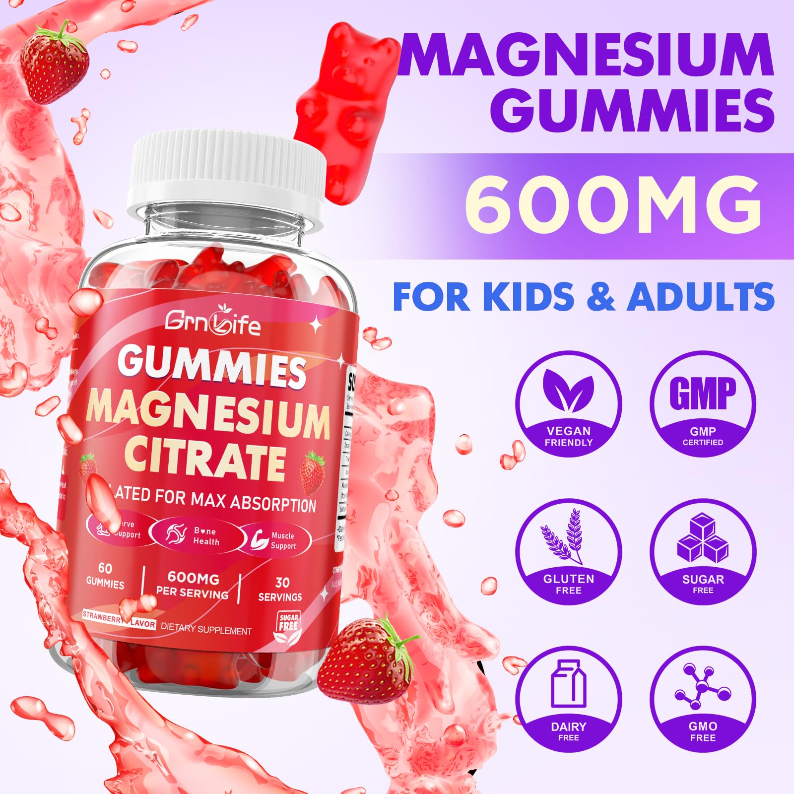 GrnLife Magnesium Citrate Gummies 600MG bottle with a measuring cup