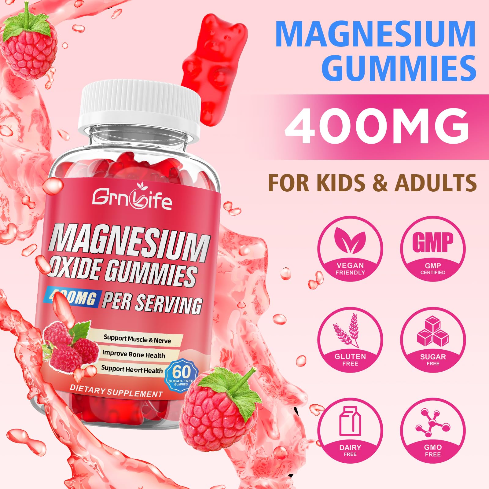 GrnLife Magnesium Oxide Gummies 400mg bottle side view