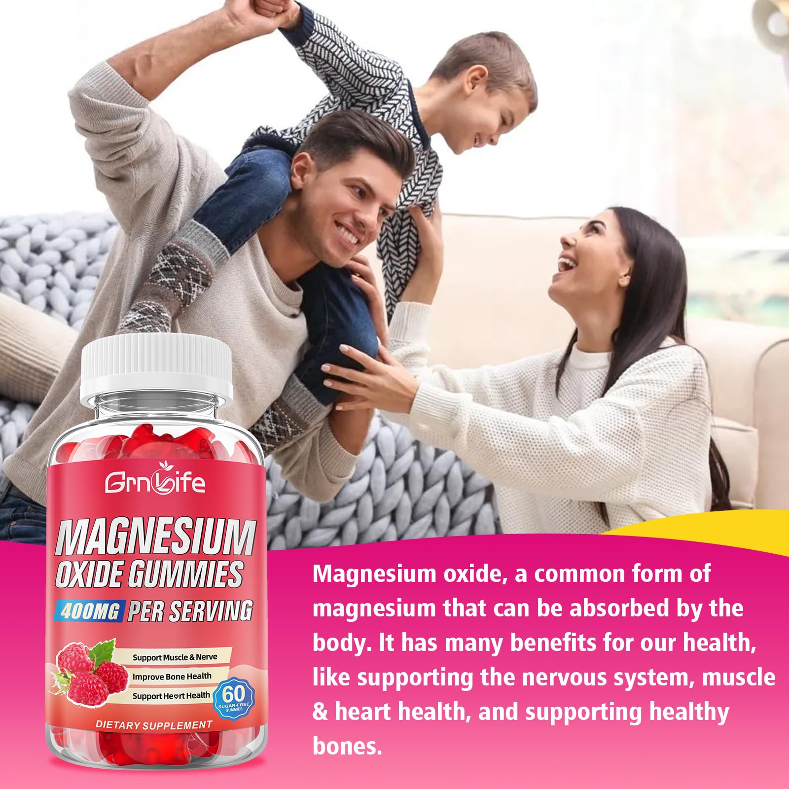 GrnLife Magnesium Oxide Gummies 400mg with a measuring spoon