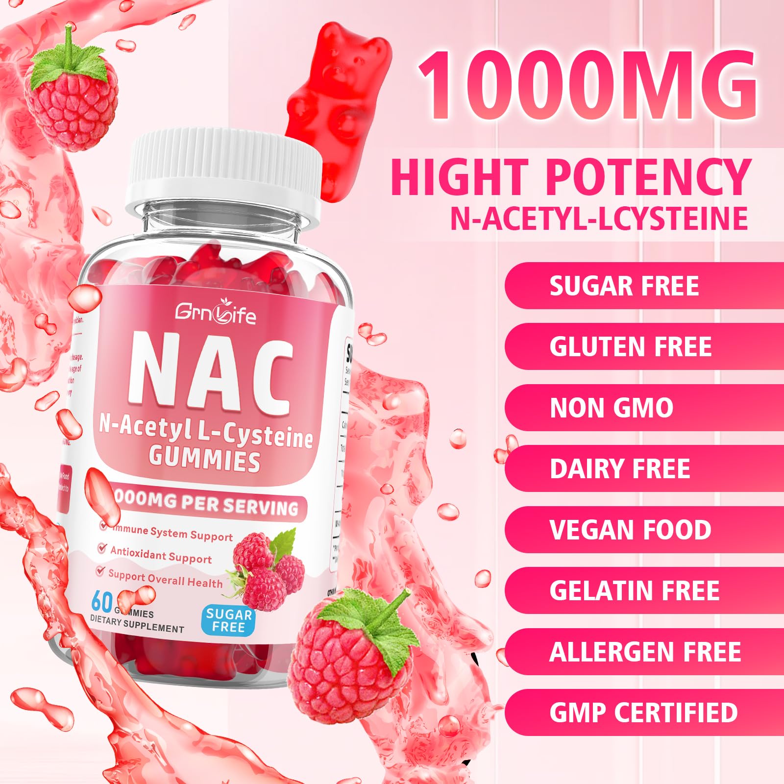 GrnLife NAC Gummies 1000MG bottle with cap open