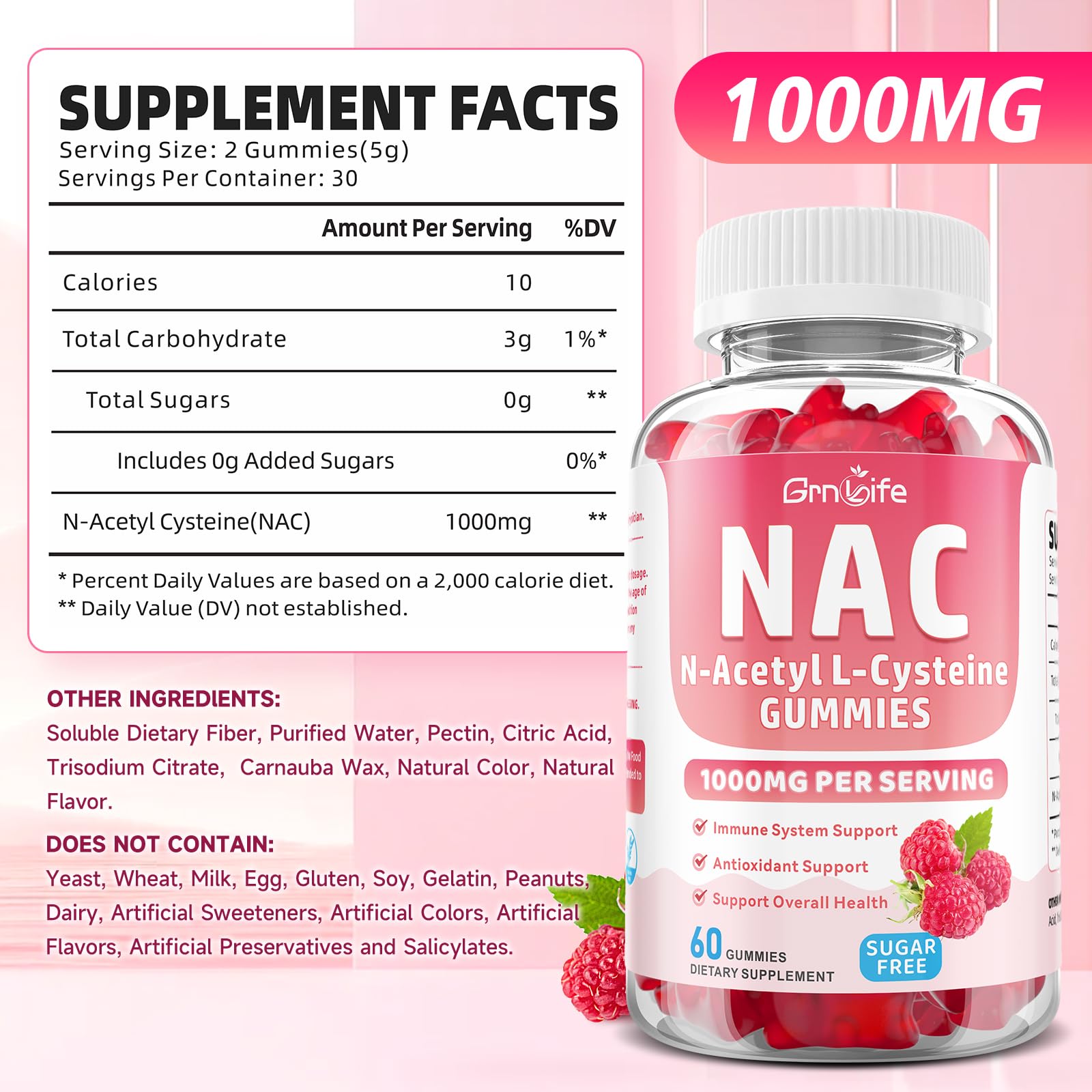 GrnLife NAC Gummies 1000MG raspberry flavour bottle with label