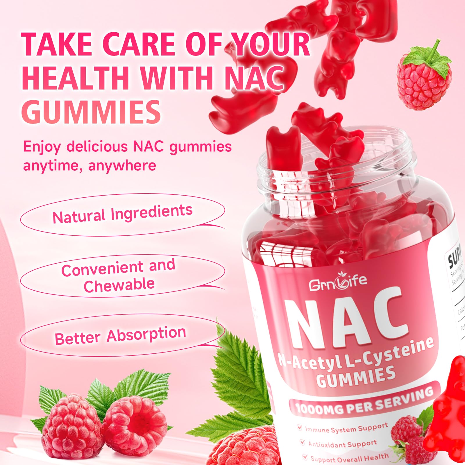 GrnLife NAC Gummies 1000MG raspberry flavour serving size