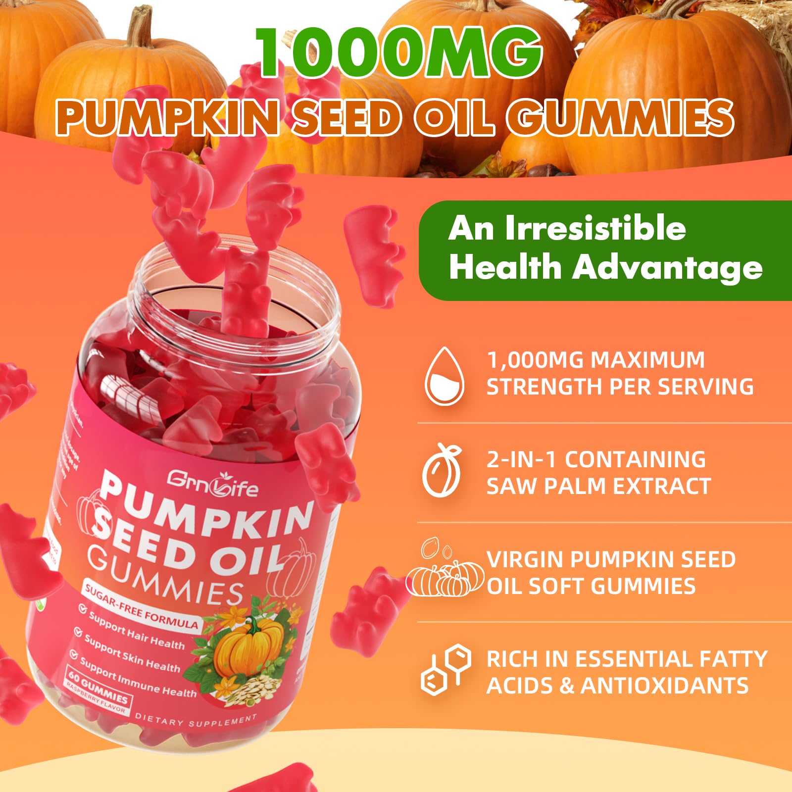 GrnLife Pumpkin Seed Oil Gummies with a measuring spoon