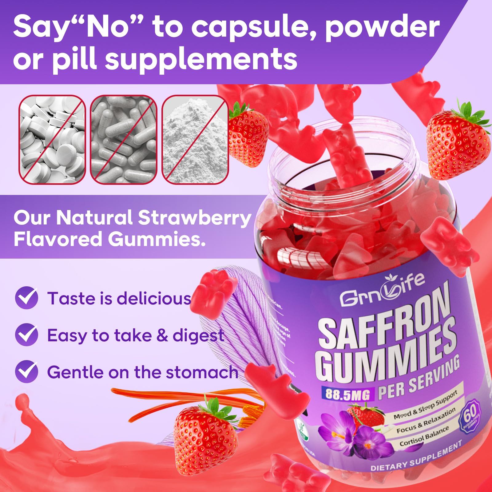 GrnLife Saffron Gummies on a wooden table