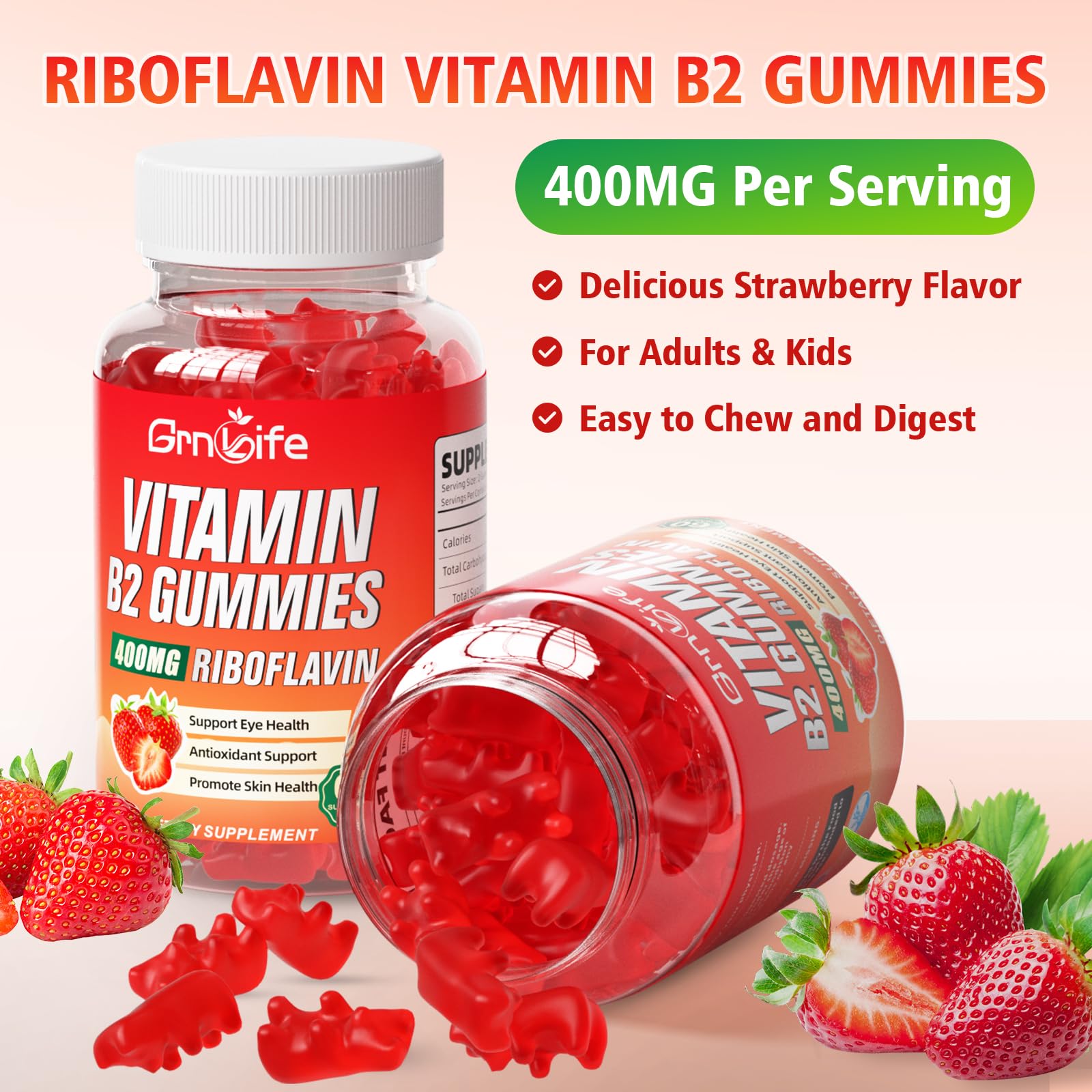 GrnLife Vitamin B2 Gummies 400mg displayed on a wooden table