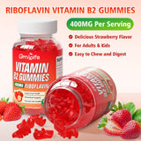 GrnLife Vitamin B2 Gummies 400mg with fresh fruit background
