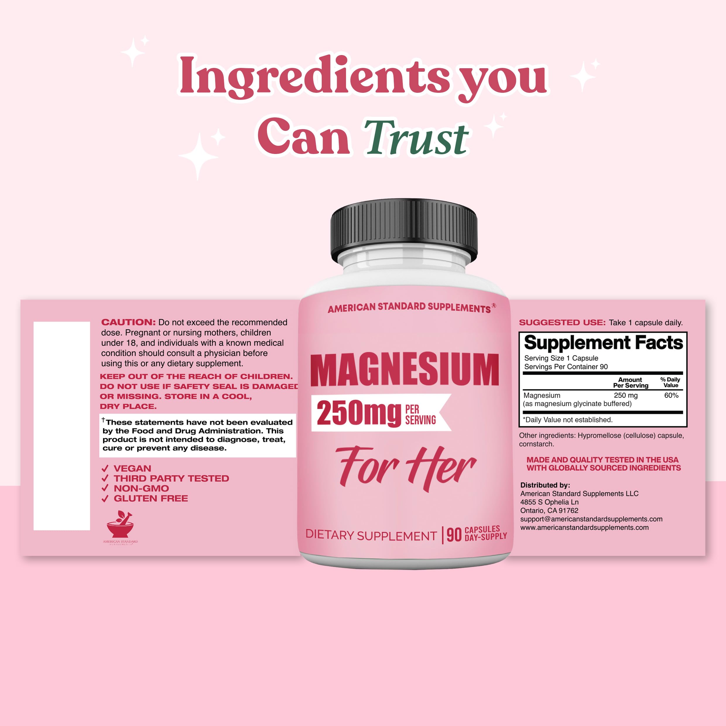 Group of 90 Magnesium Glycinate 250mg capsules on a white background