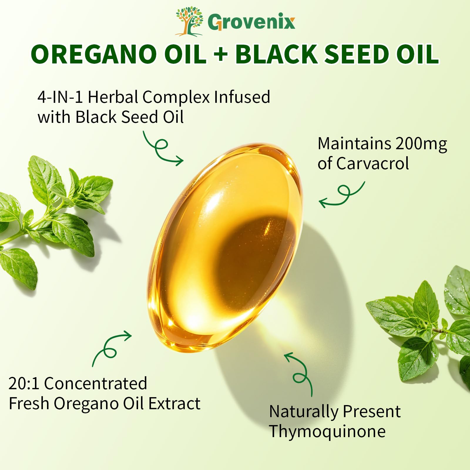 Grovenix Organic Oregano Oil Softgels side view showing capsule