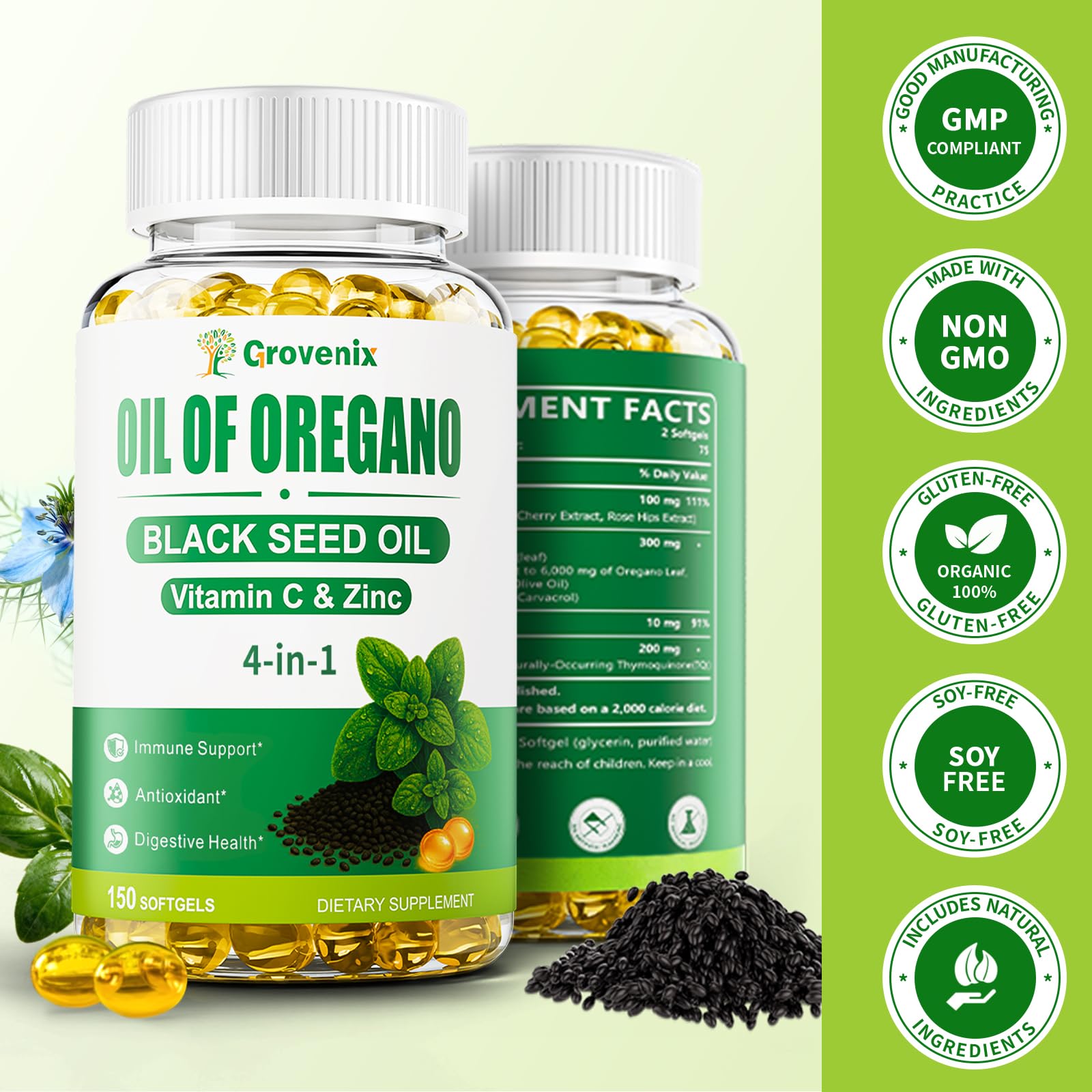Grovenix Organic Oregano Oil Softgels with a measuring spoon