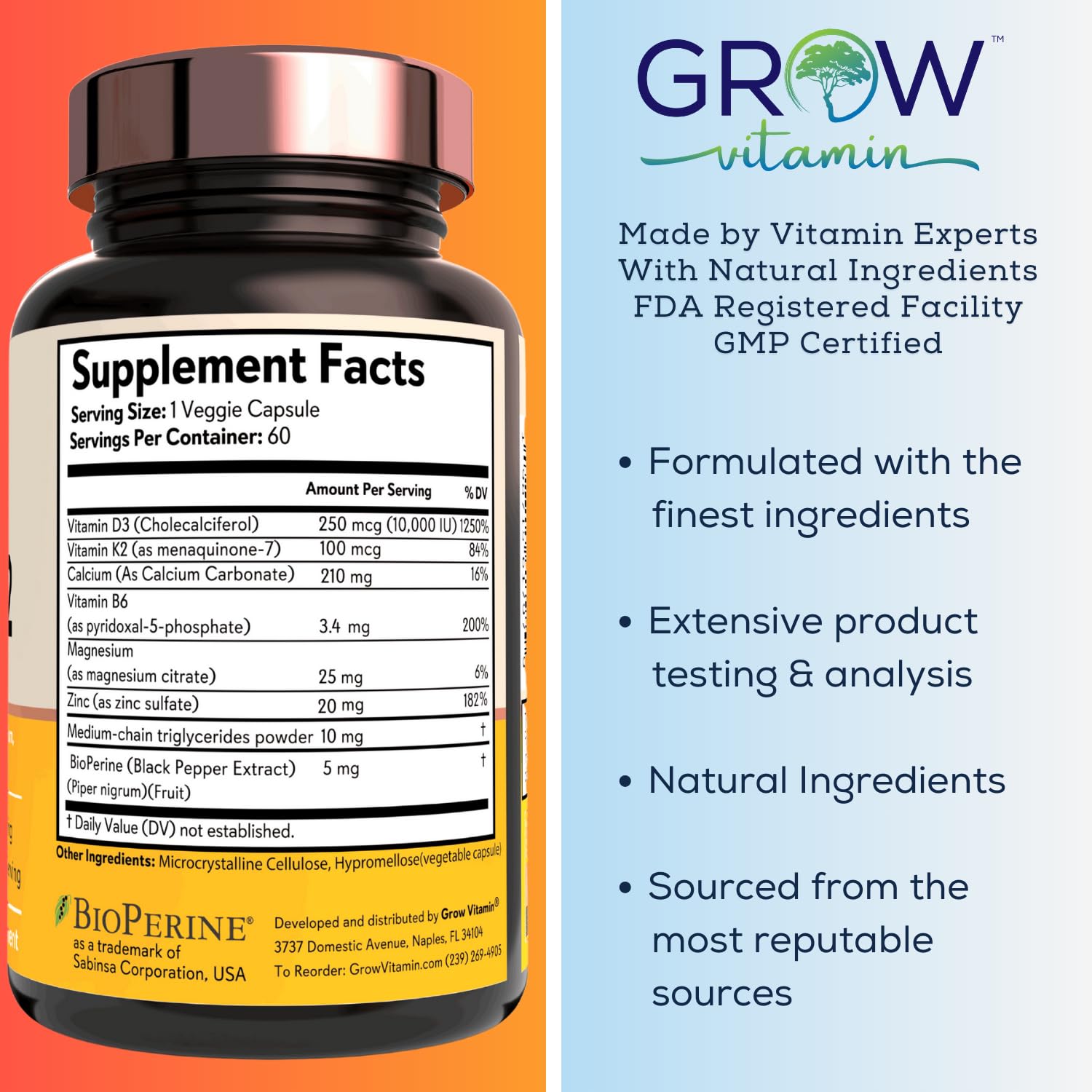grow vitamin D3 & K2 Capsules 10,000 IU nutritional information