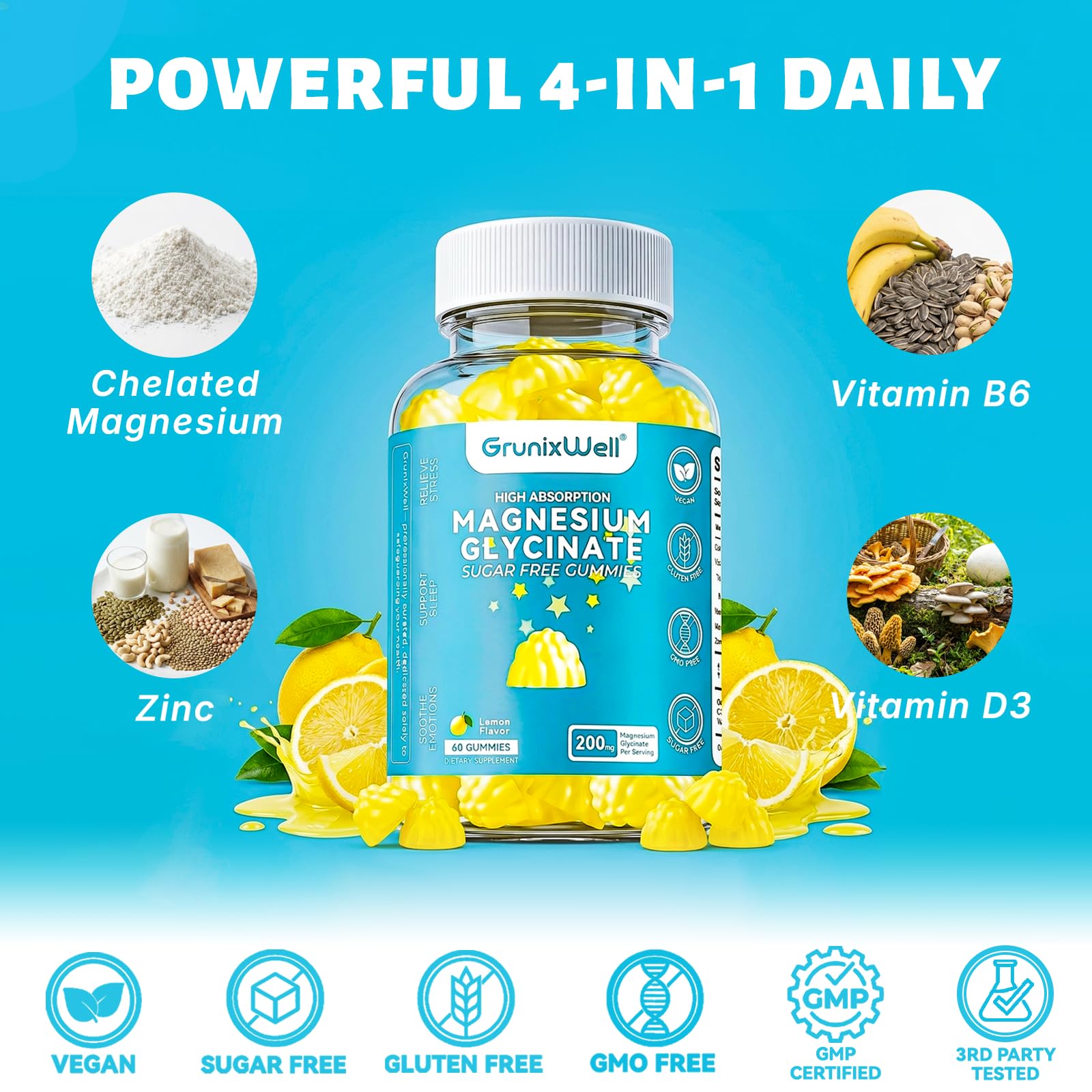 GrunixWell Magnesium Glycinate Gummies 200mg on a wooden table