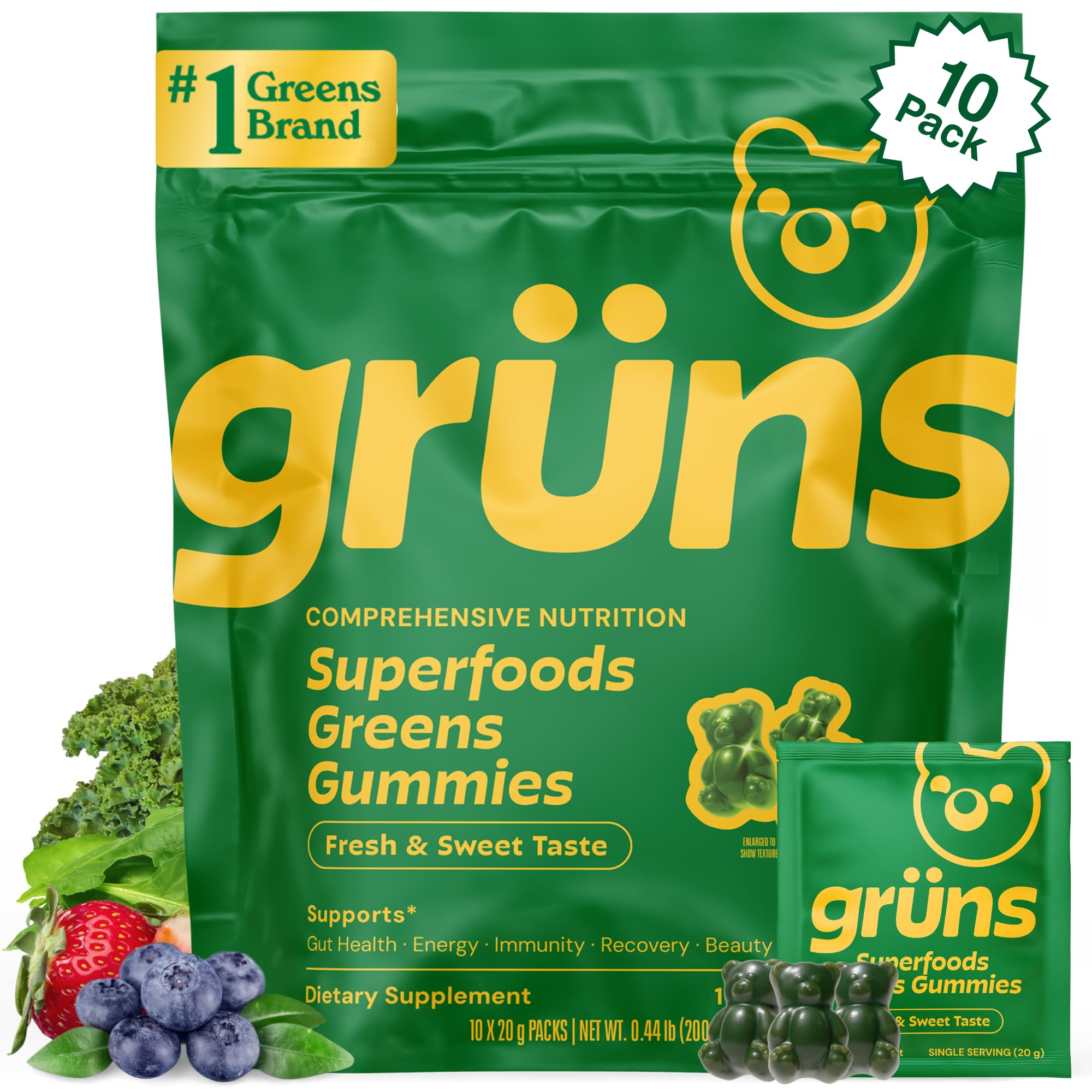 Grüns Super Greens Gummy Bears front view with packaging