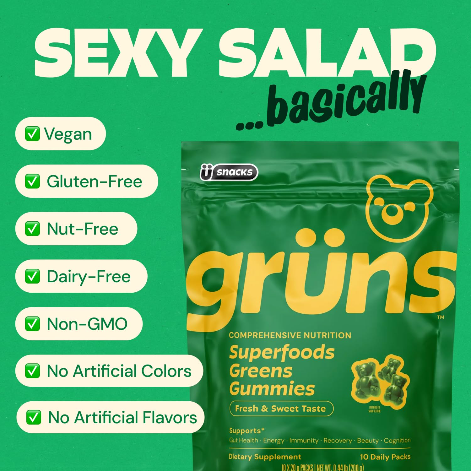 Grüns Super Greens Gummy Bears ingredients list on packaging