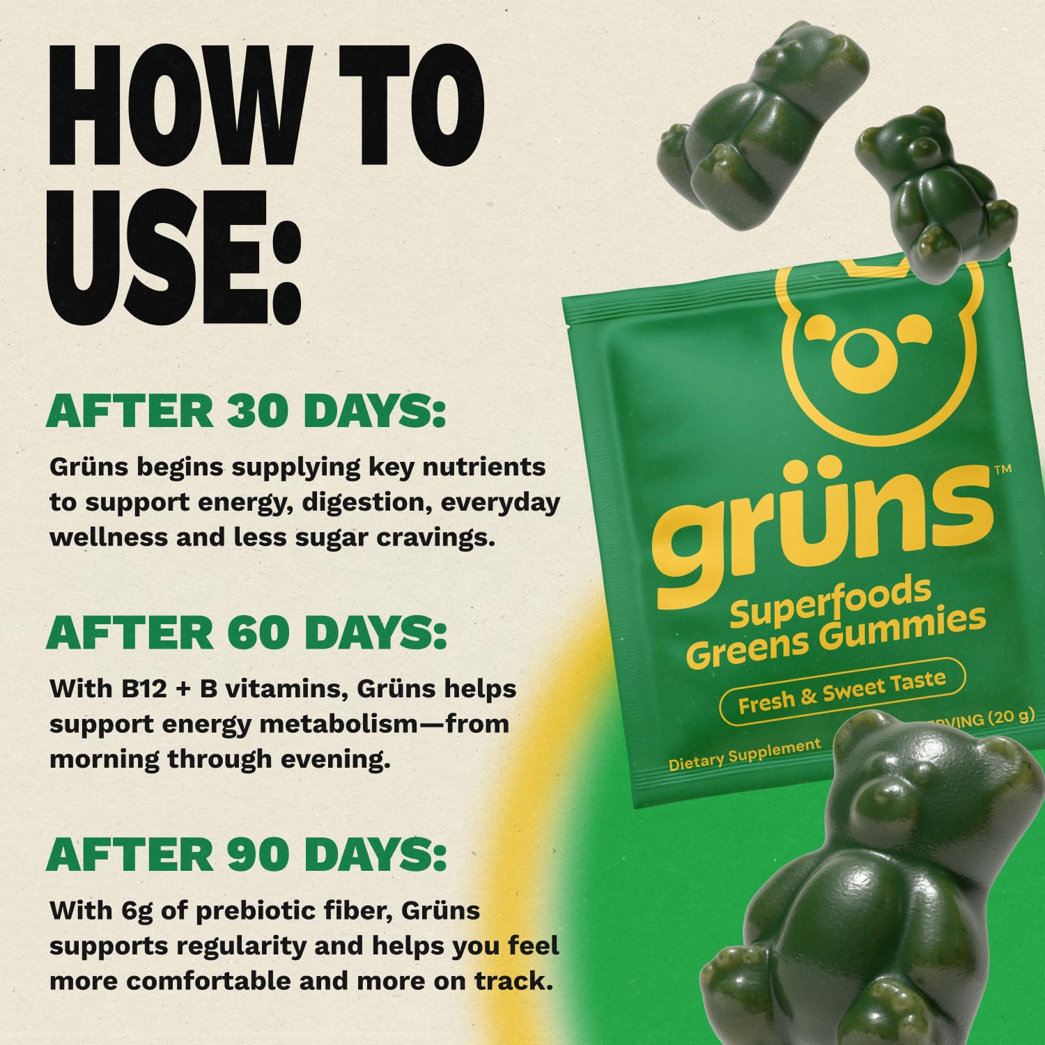 Grüns Super Greens Gummy Bears with a measuring spoon