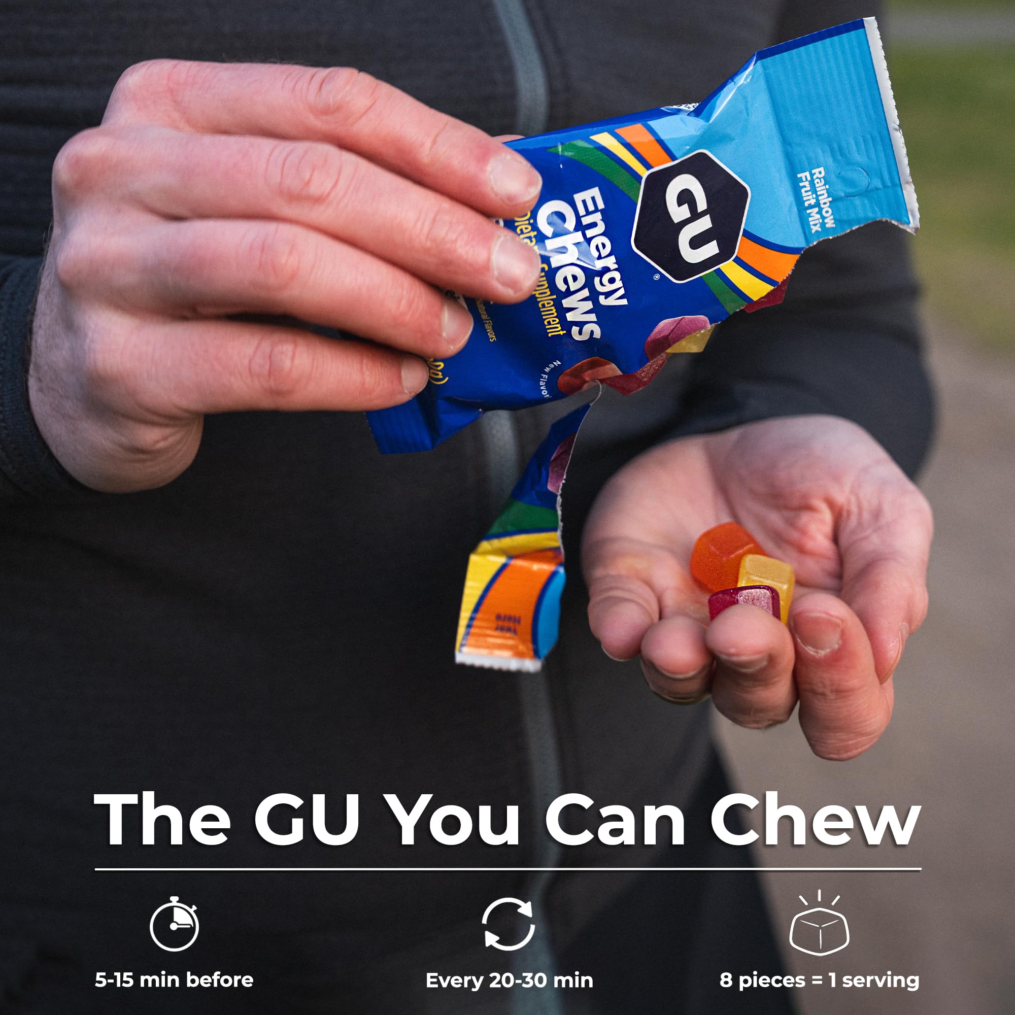 GU Energy Chews opened bag showing gummy chews