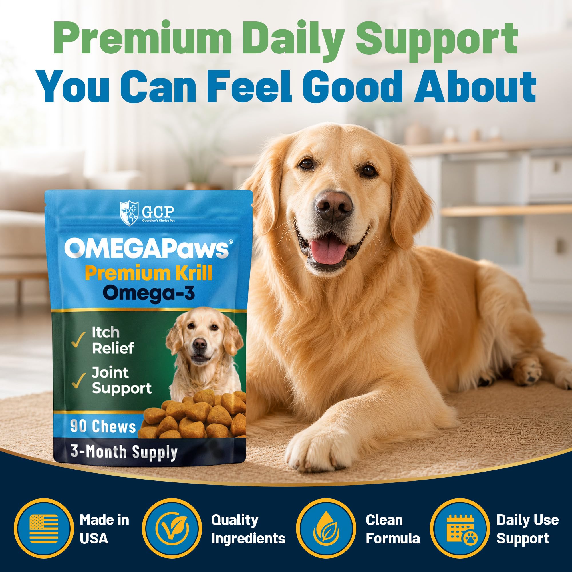 Guardian's Choice Omega-3 Soft Chews with a happy dog