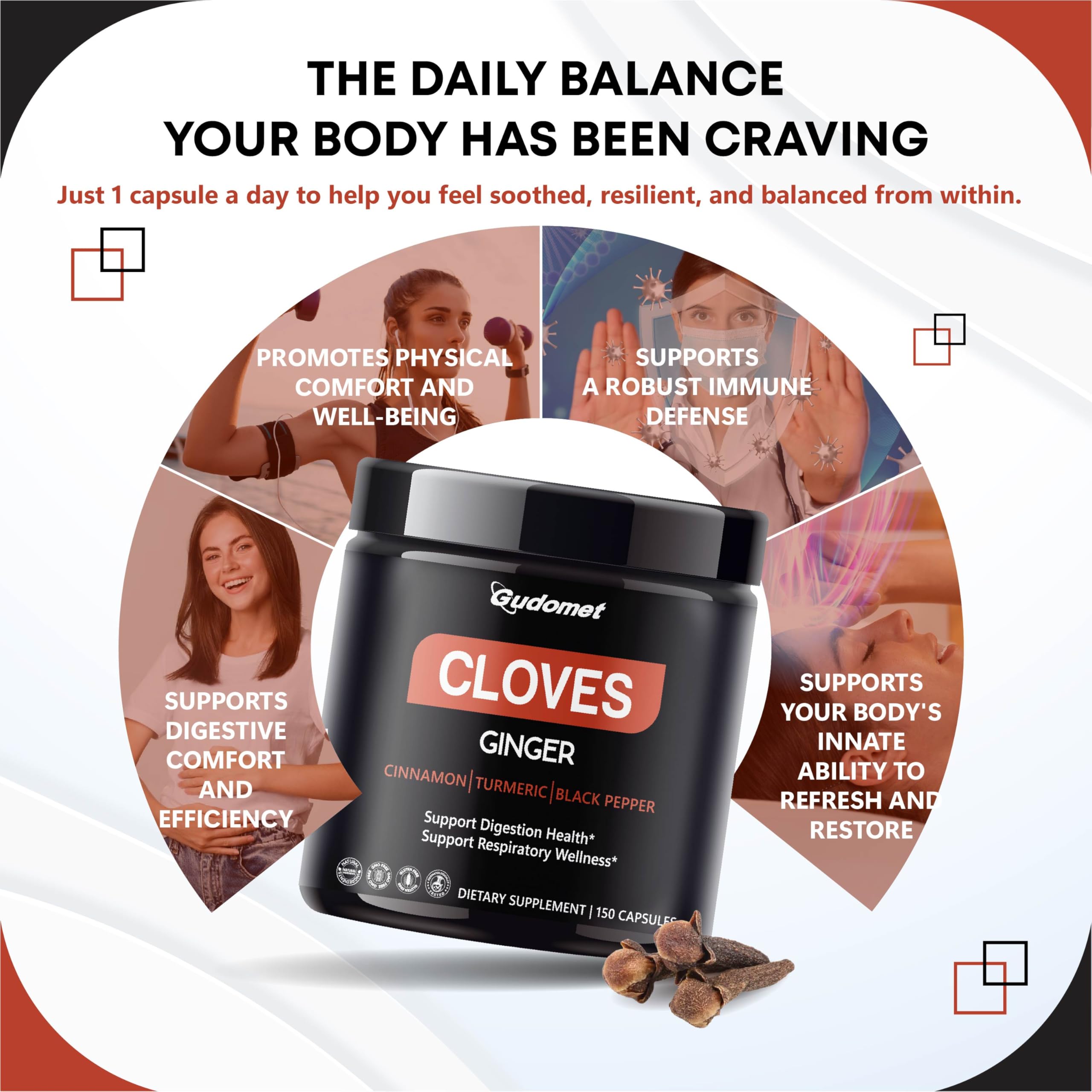 GUDOMET Cloves Supplement capsules on a wooden surface