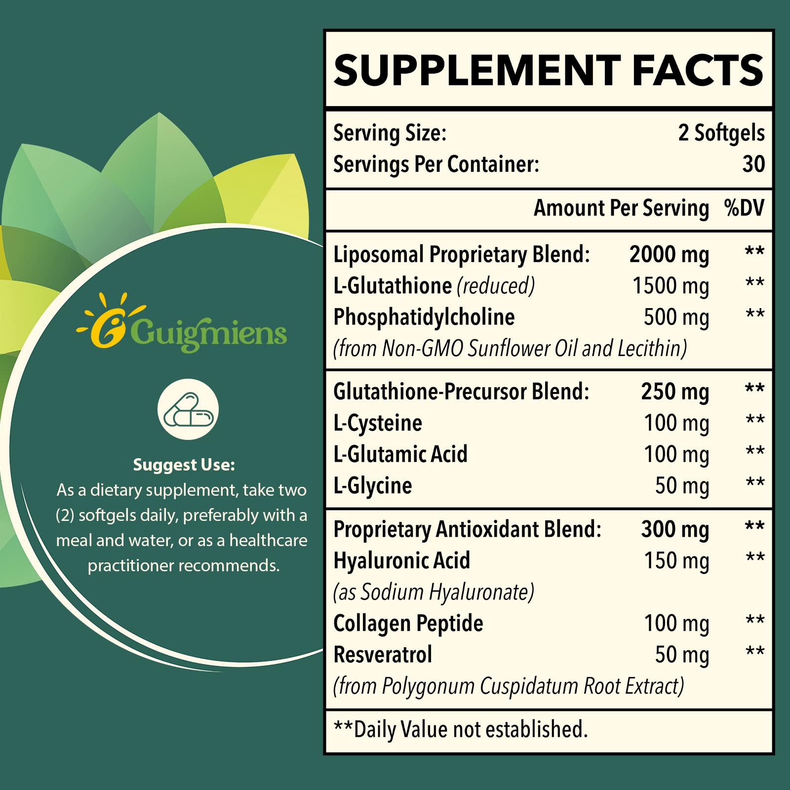 Guigmiens Liposomal Glutathione 2000 MG softgels side view