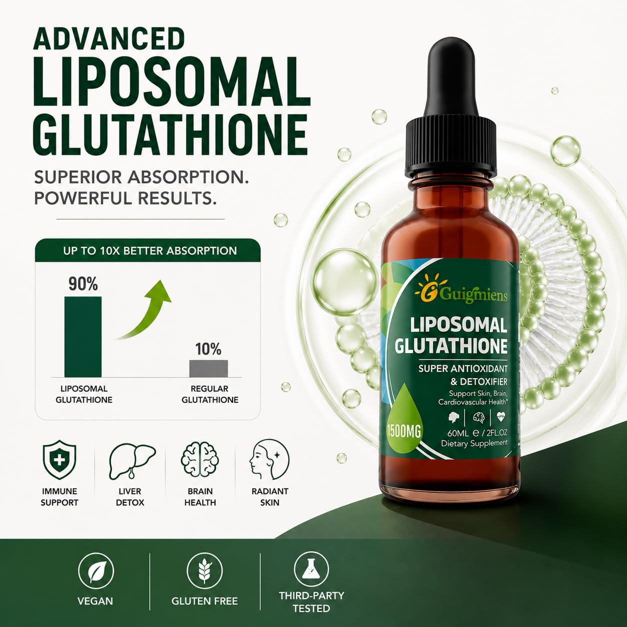 Guigmiens Liposomal Glutathione Liquid bottle on a wooden table