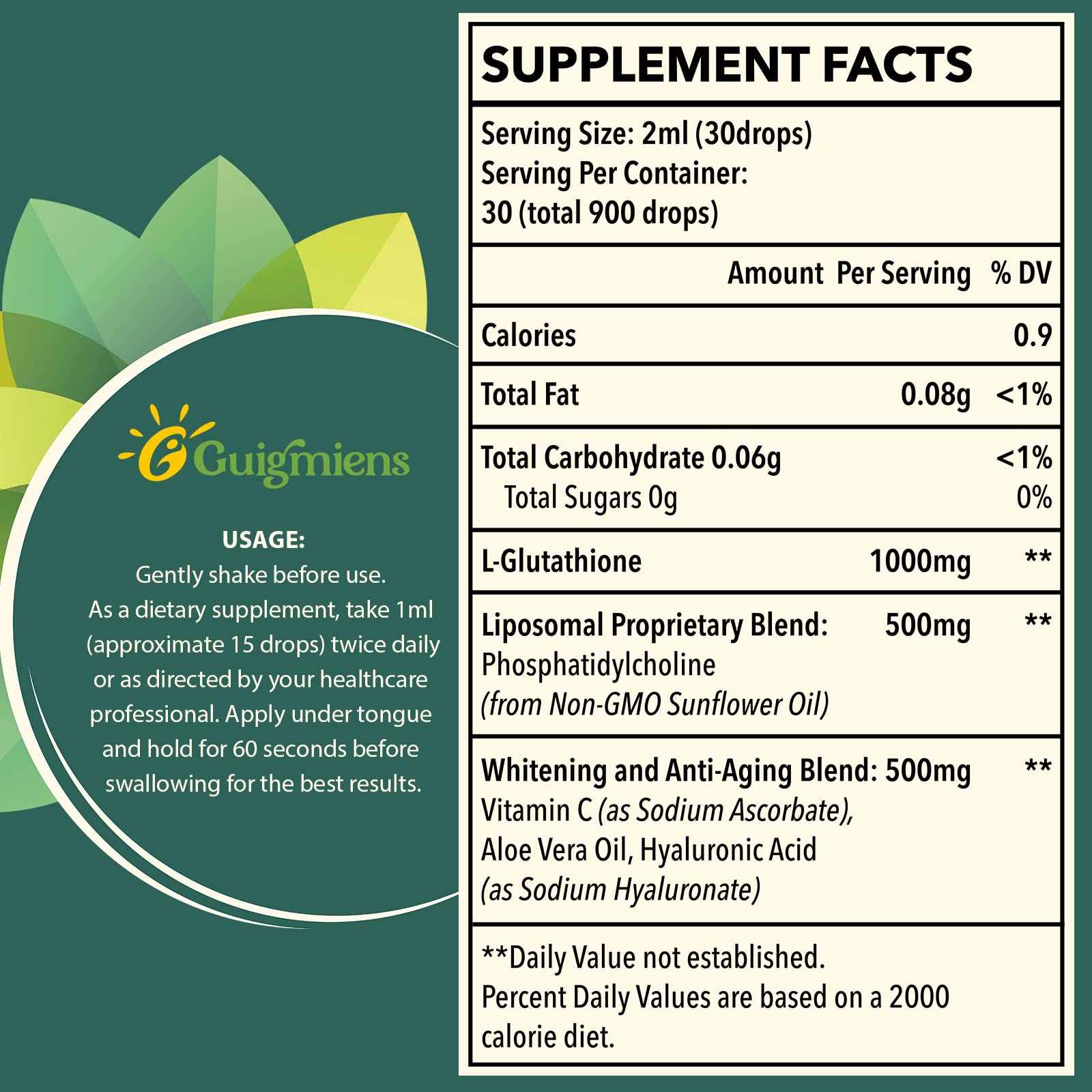Guigmiens Liposomal Glutathione Liquid Supplement side view with label